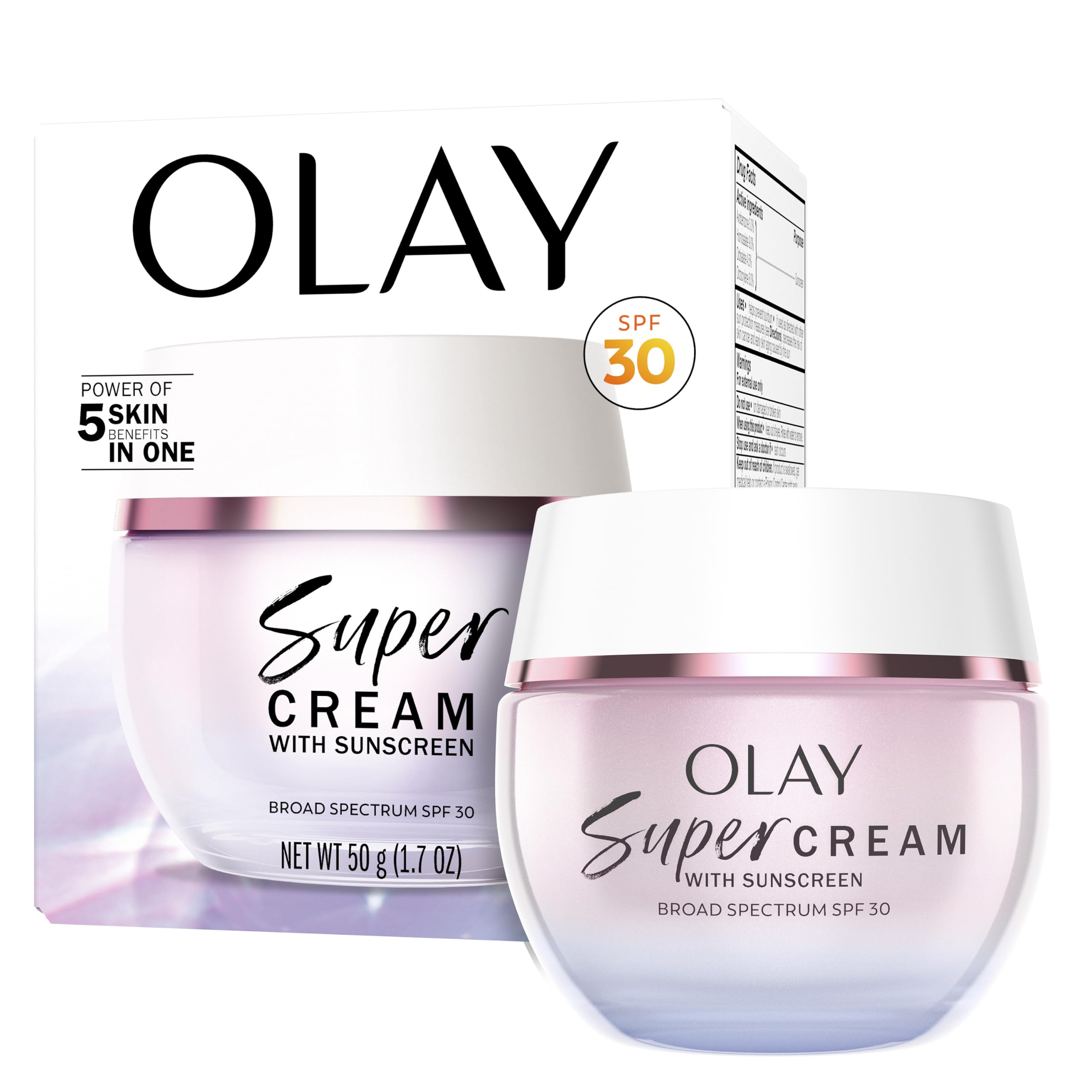 Olay Super Cream SPF 30 sunscreen with lightweight moisturizer, brightening, hydrating, firming, with niacinamide, vitamin C, collagen.