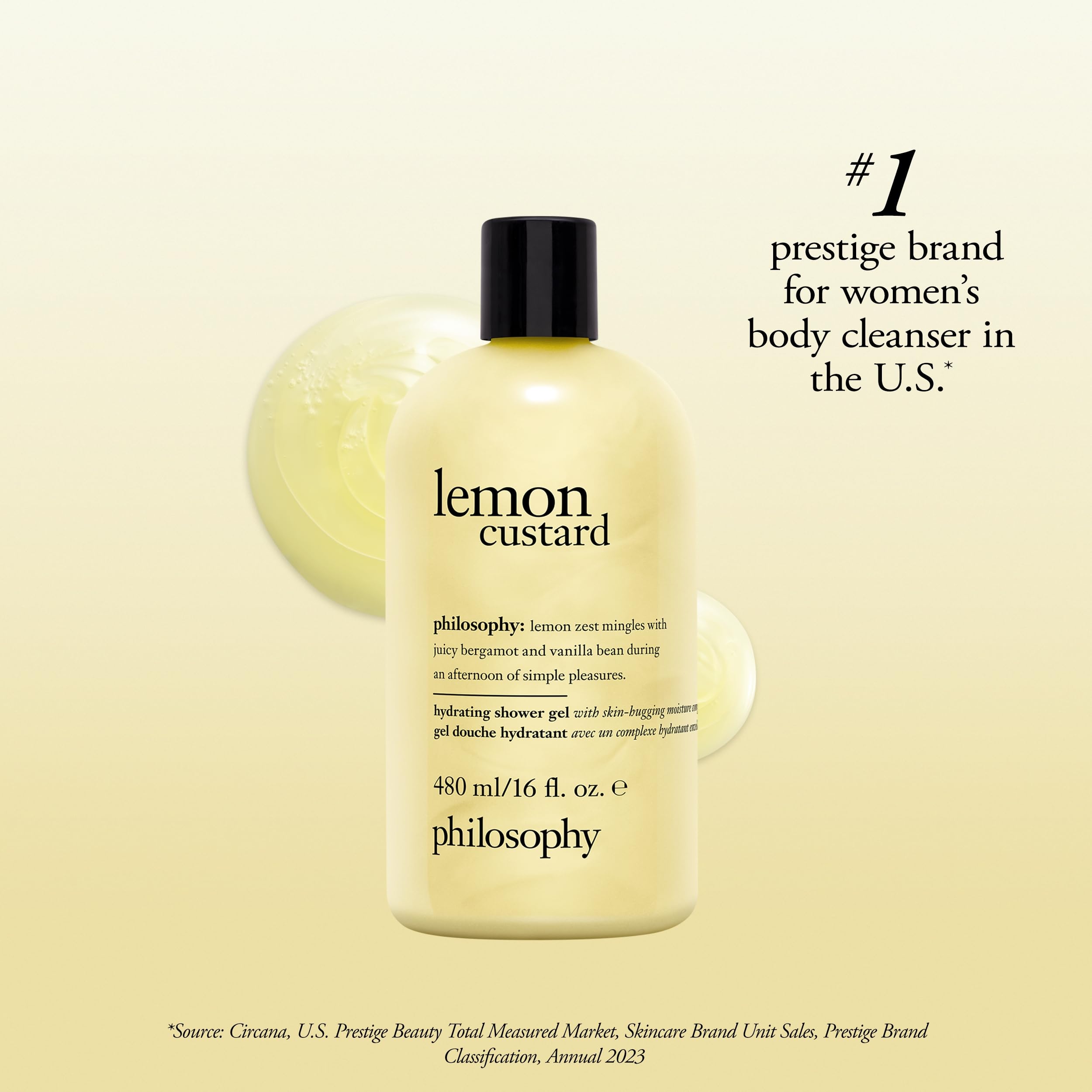 Philosophy Lemon Custard Shower Gel 16 fl oz bottle, a skin cleaning agent with a bright lemon scent and smooth gel texture.