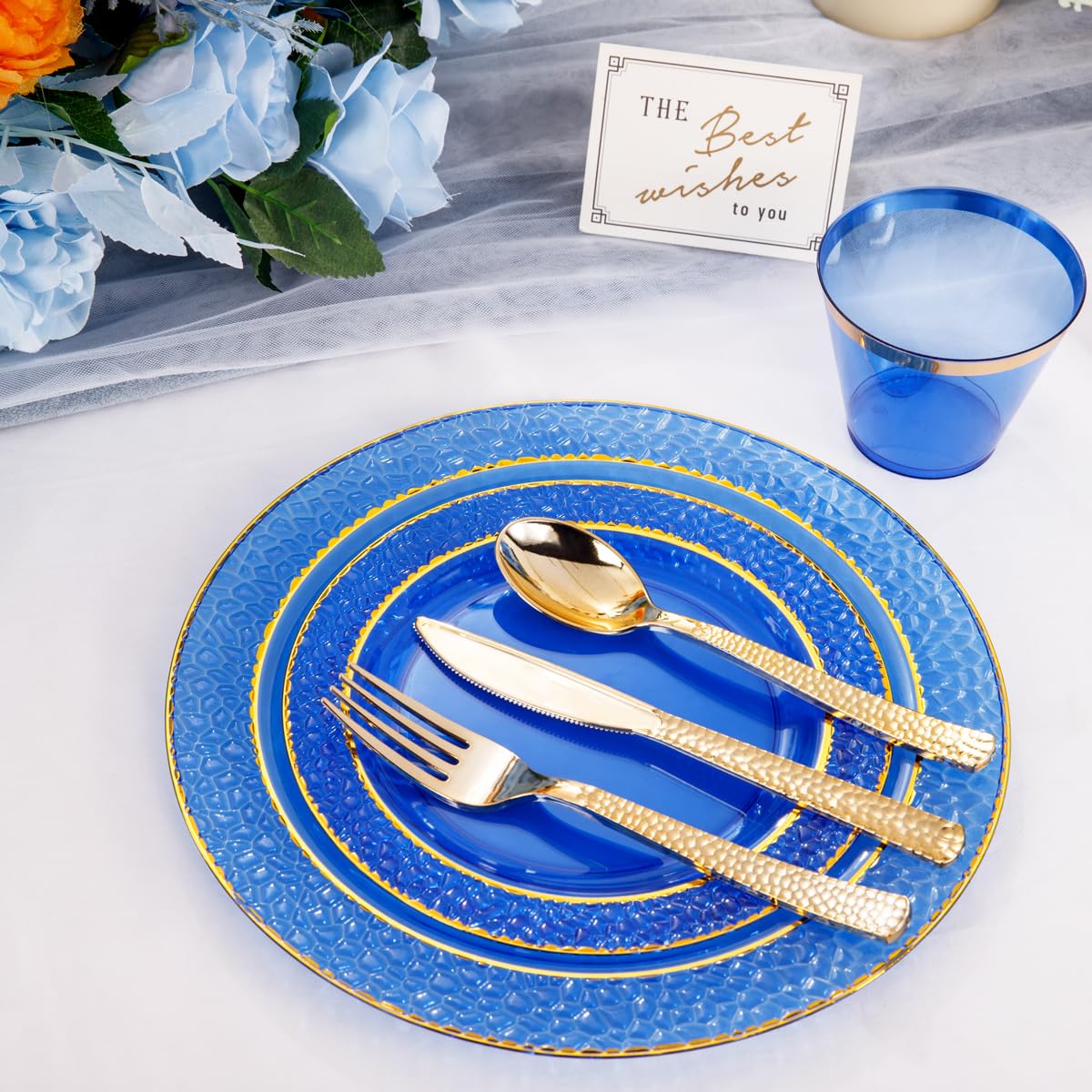 Nervure 150PCS Clear Blue Plastic Plates with Gold Hammered Silverware Set – back view and specifications
