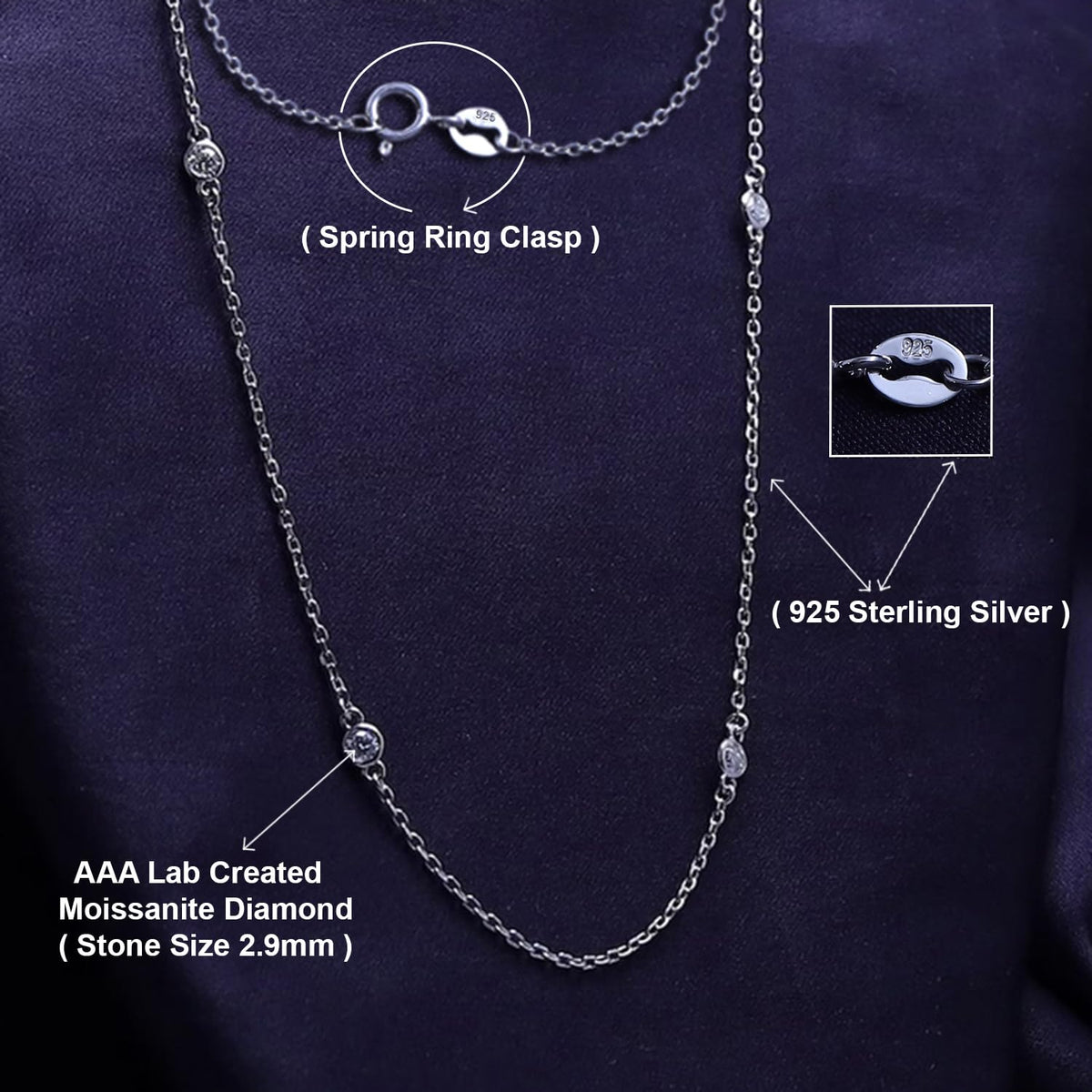 SAVEARTH DIAMONDS Yard Station Necklace Layering Dainty Chain for Women 0.60 To 1.60 CT – back view and specifications