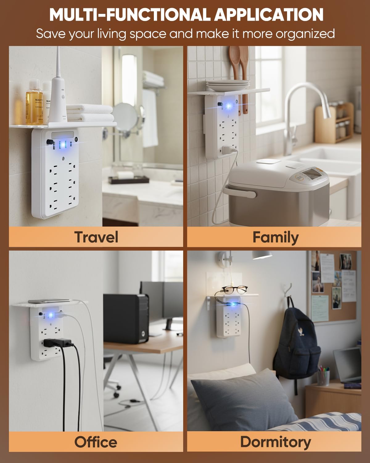 Saker Outlet Extender with Night Light, 6 AC, 4 USB, Surge Protector – back view and specifications