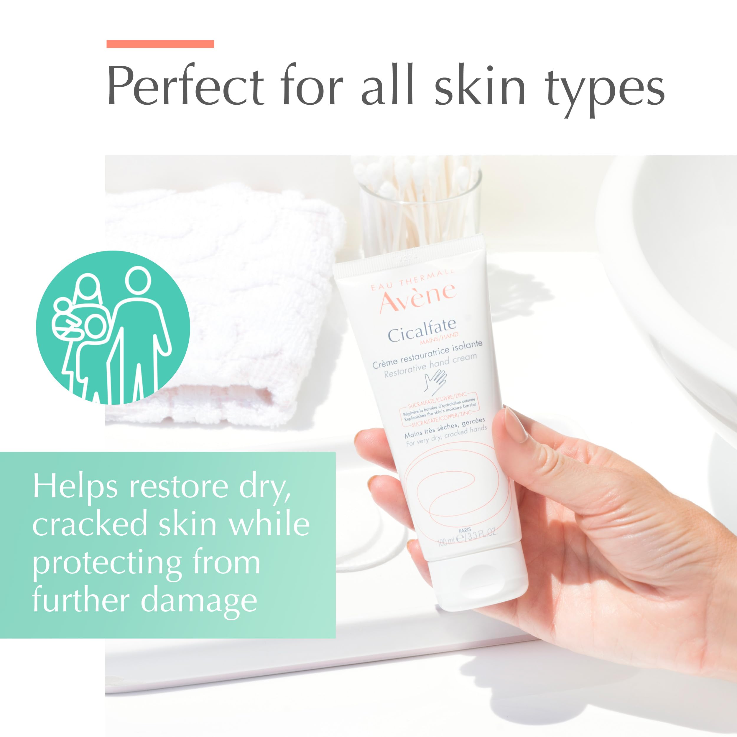 Eau Thermale Avène Cicalfate Restorative Hand Cream in 3.3 oz tube, designed to soothe and repair dry, cracked skin.