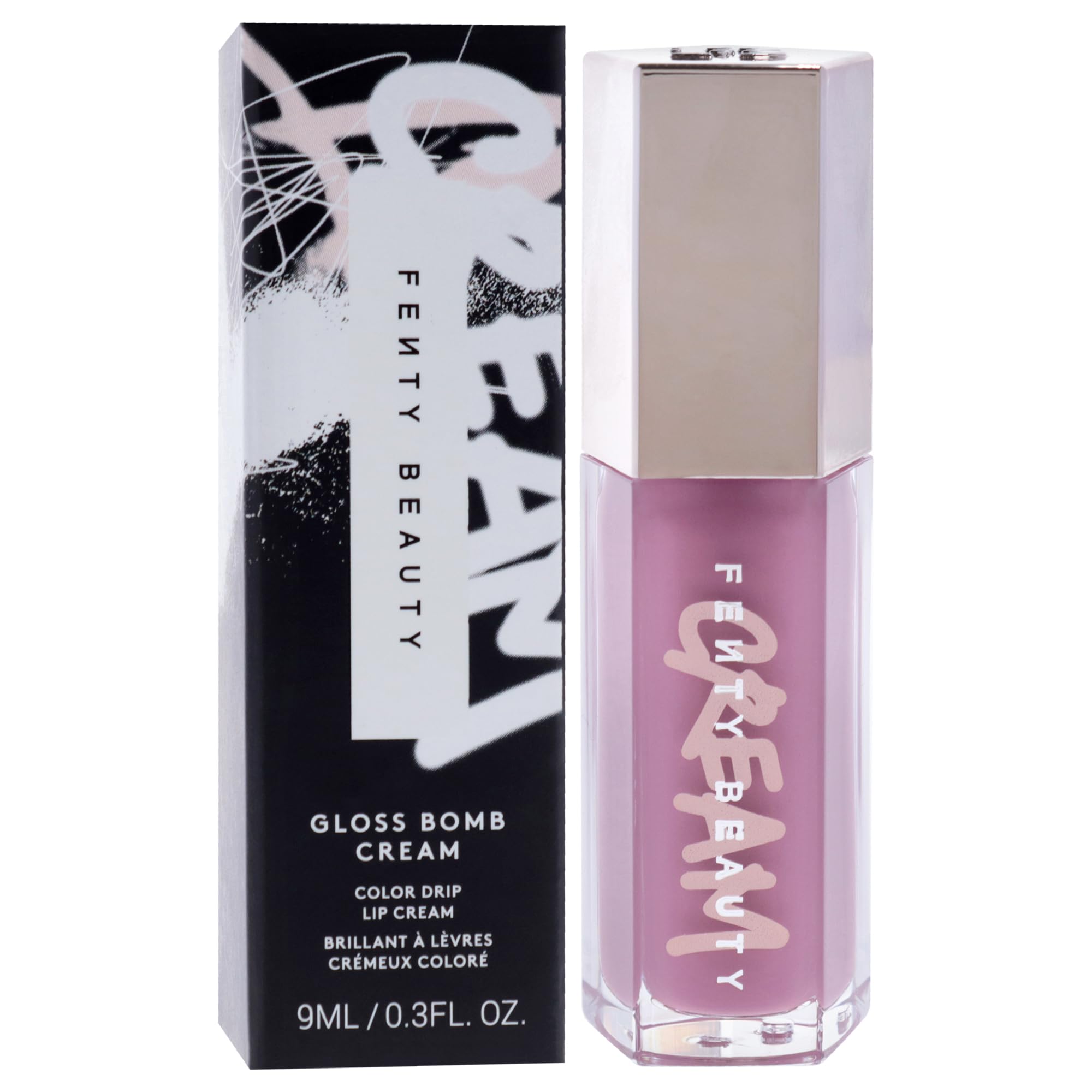 Fenty Beauty Gloss Bomb Cream Lip Color in Mauve Wives, 0.3 oz, featuring a smooth mauve lipstick swatch on a neutral background.