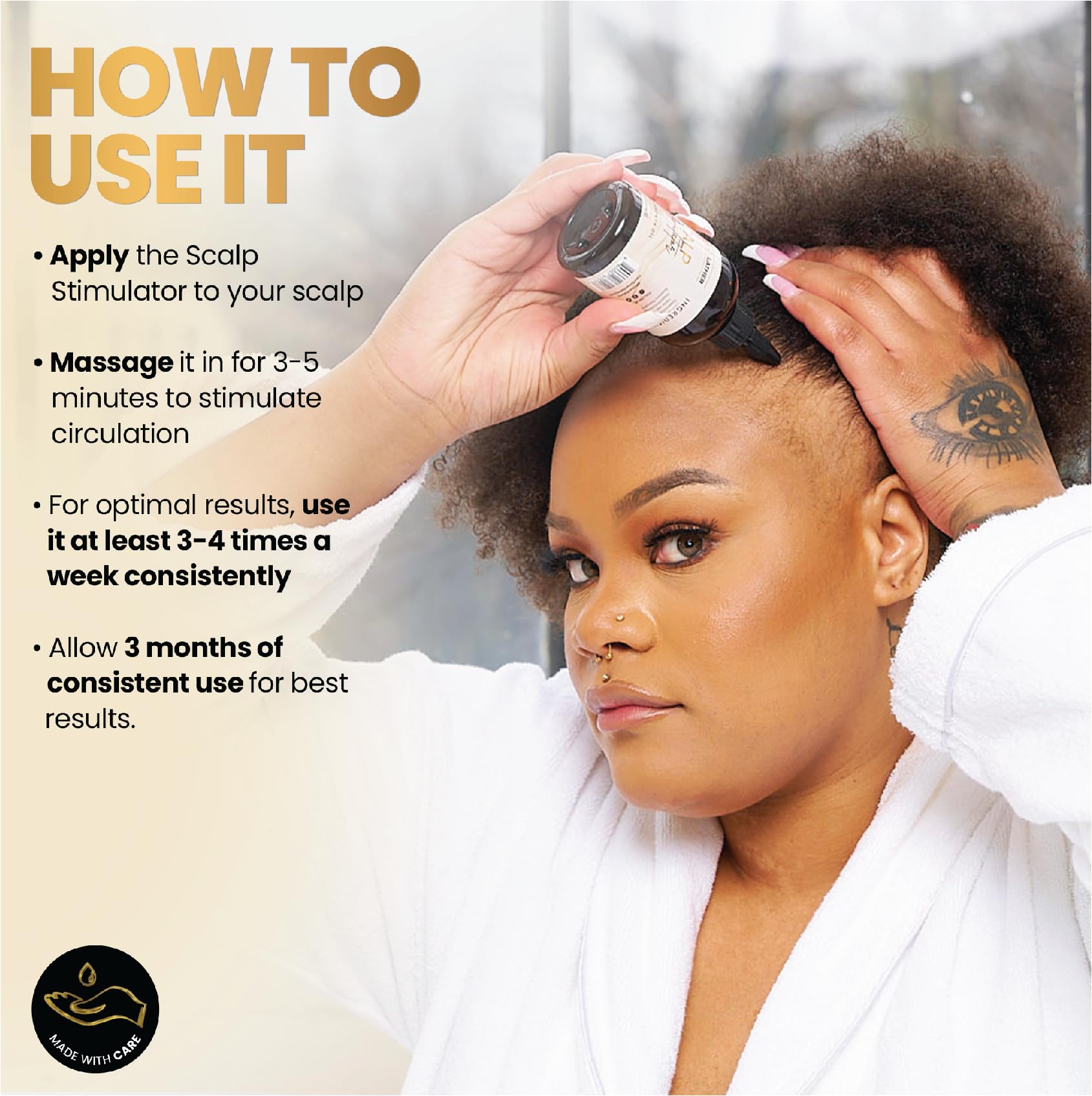 Bask & Lather scalp stimulator hair growth oil bottle, 4 fl oz, for promoting healthy hair and scalp care.
