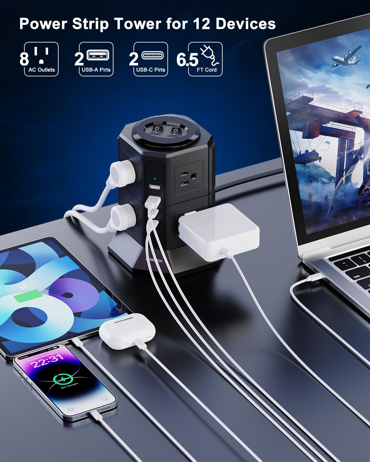NVEESHOX Surge Protector Power Strip Tower, Flat Plug Power Strip with 8 AC Outlets 4 USB Ports(20W PD Type C), 6.5 FT U