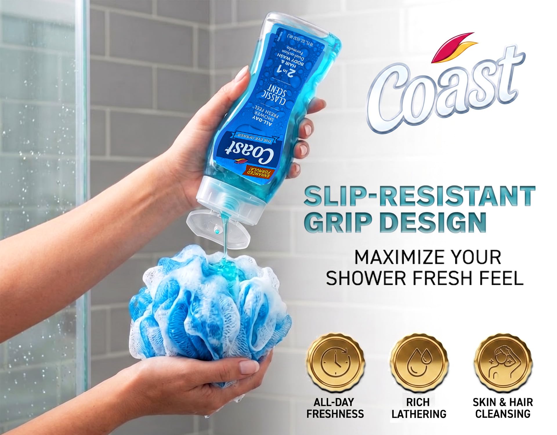 Coast 2-in-1 Hair and Body Wash Classic Scent bottles, 6-pack, 18 fl oz each, skin cleaning agent for hair and body.