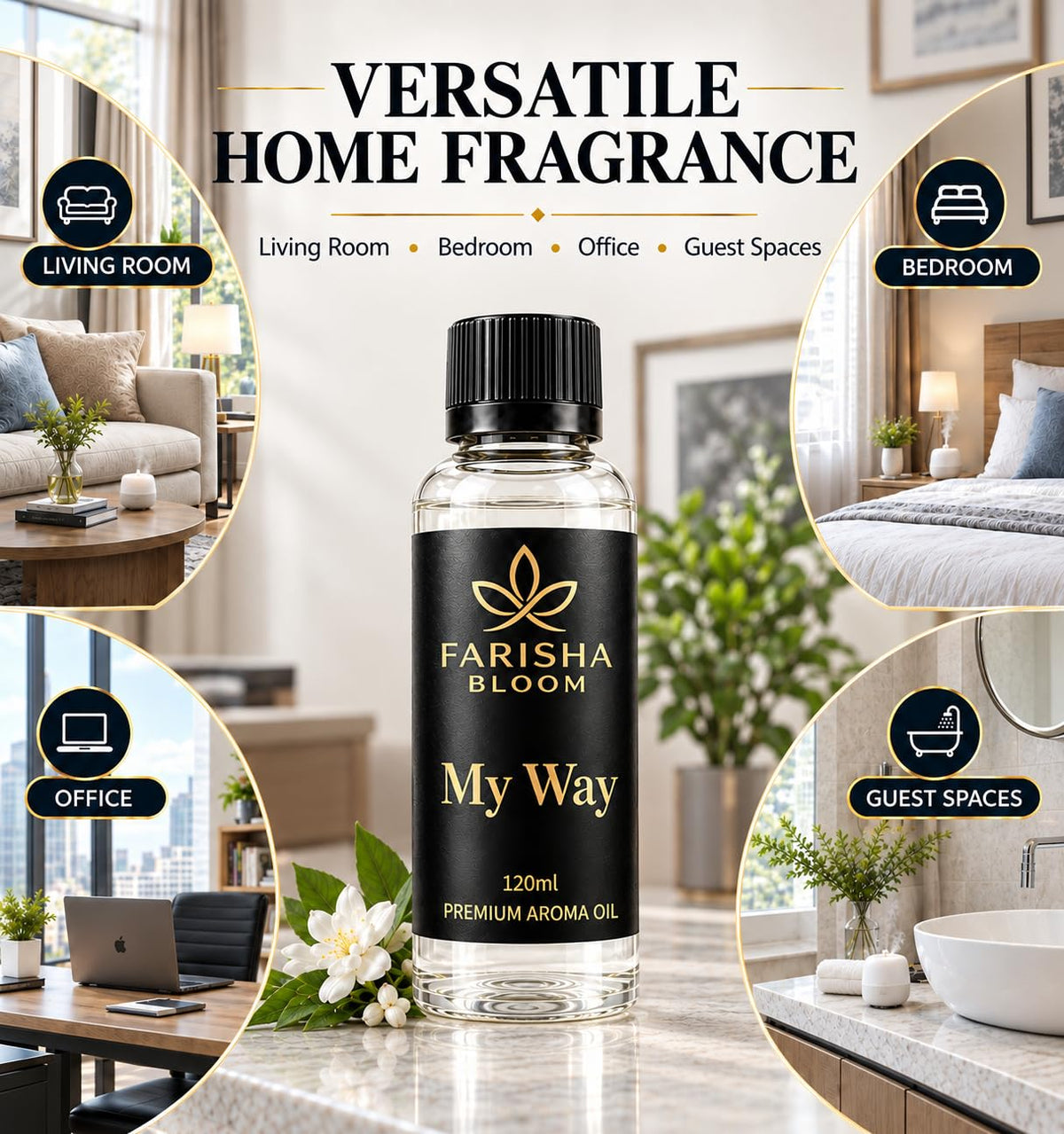 Farisha Bloom My Way Luxury Scent Diffuser Oil, 120 mL Premium Fragrance Oil with Sandalwood, Cedarwood, Amber & Leather