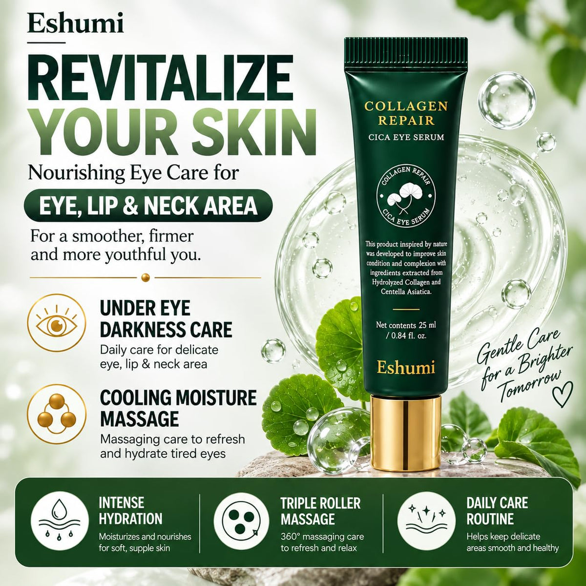 ESHUMI Collagen Repair Rolling Cica Eye Serum - Korean Cooling Rollerball Eye Massager Serum for Tired Eyes, Hydration &