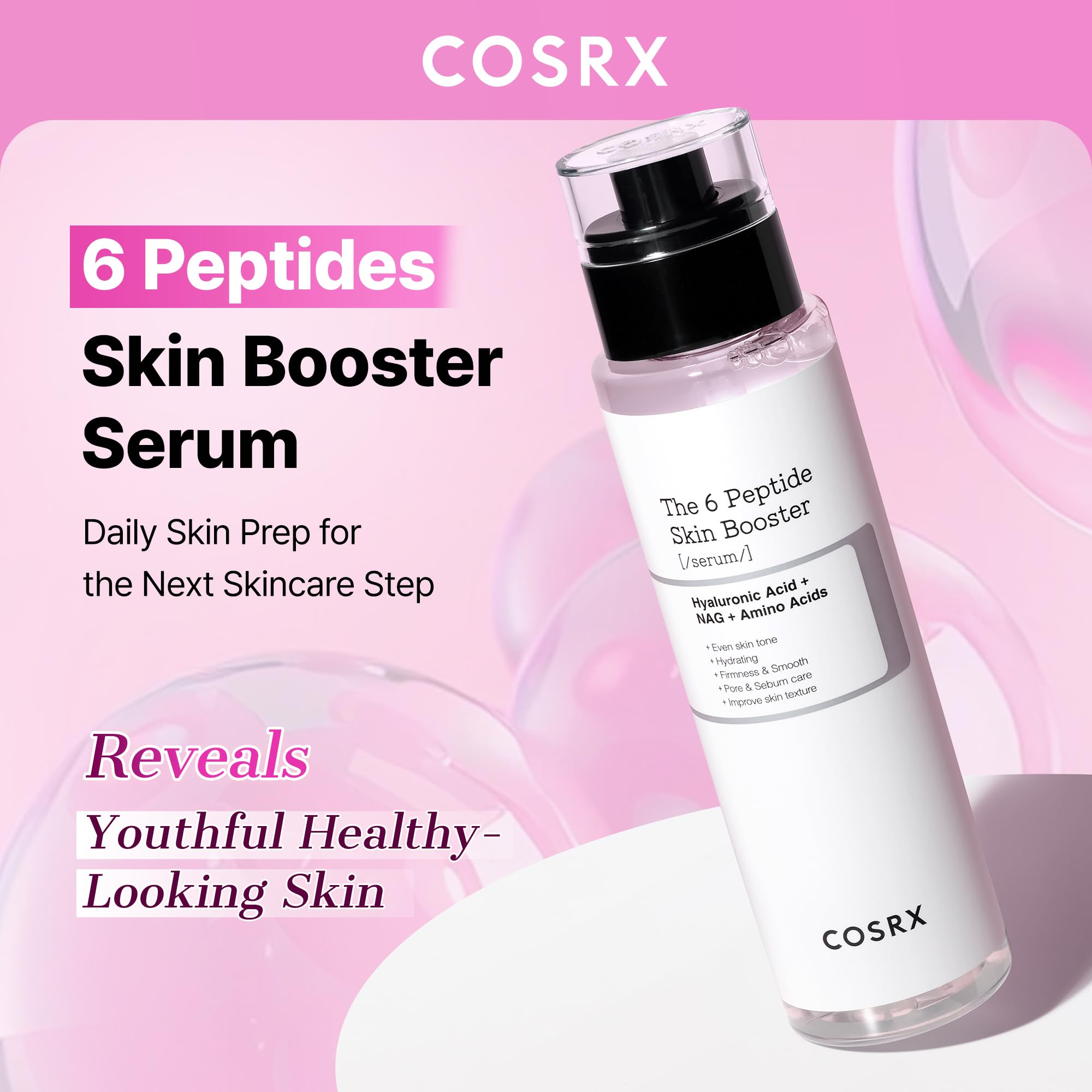 COSRX 6X Peptide Collagen Booster Toner Serum in 5.07 oz bottle, highlighting the serum's clear liquid and packaging.