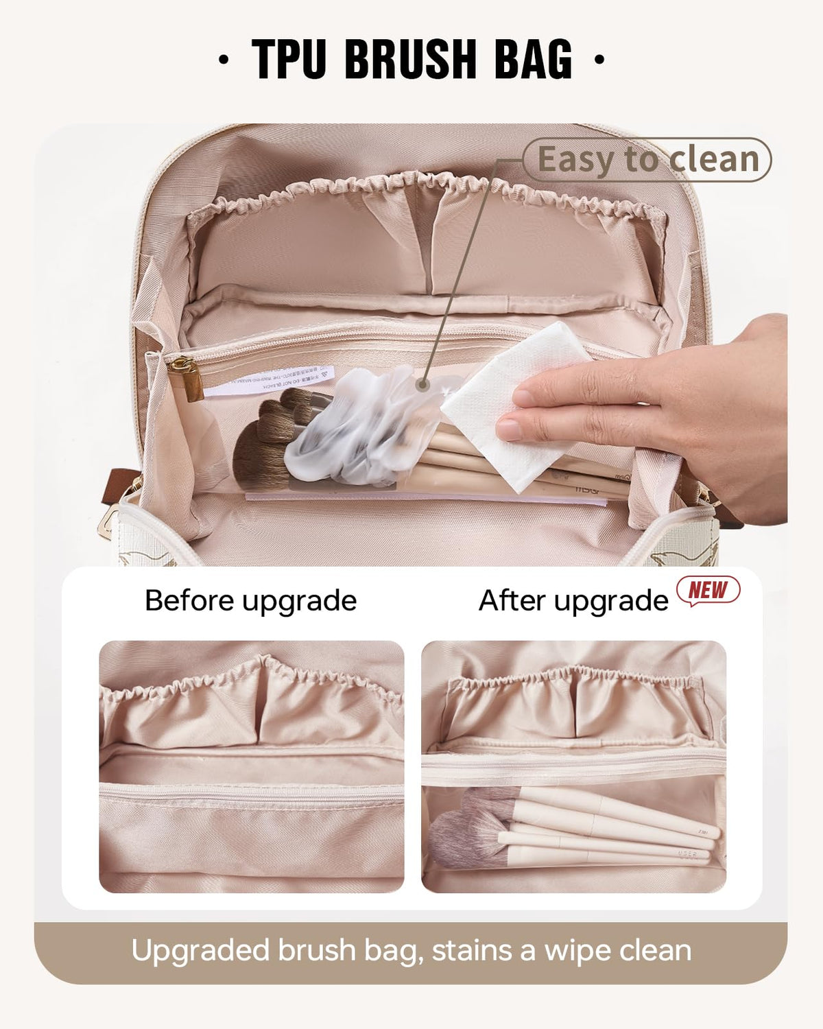 EACHY Travel Makeup Bag, Floral Cosmetic Bag for Women, Beige, Medium – full view