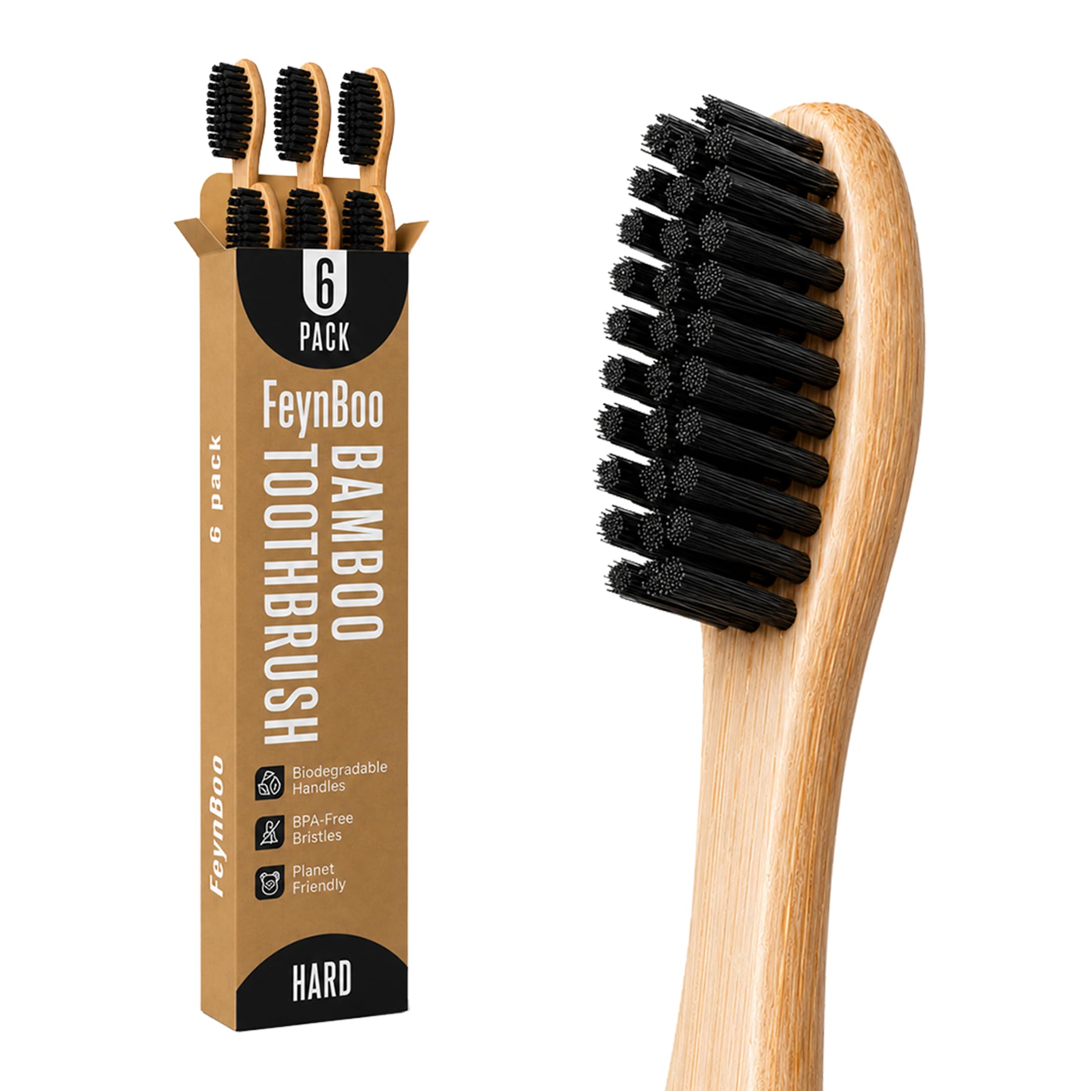 Bamboo Toothbrushes Hard Bristles 6 Pack - BPA Free Bristles - Product Imagery