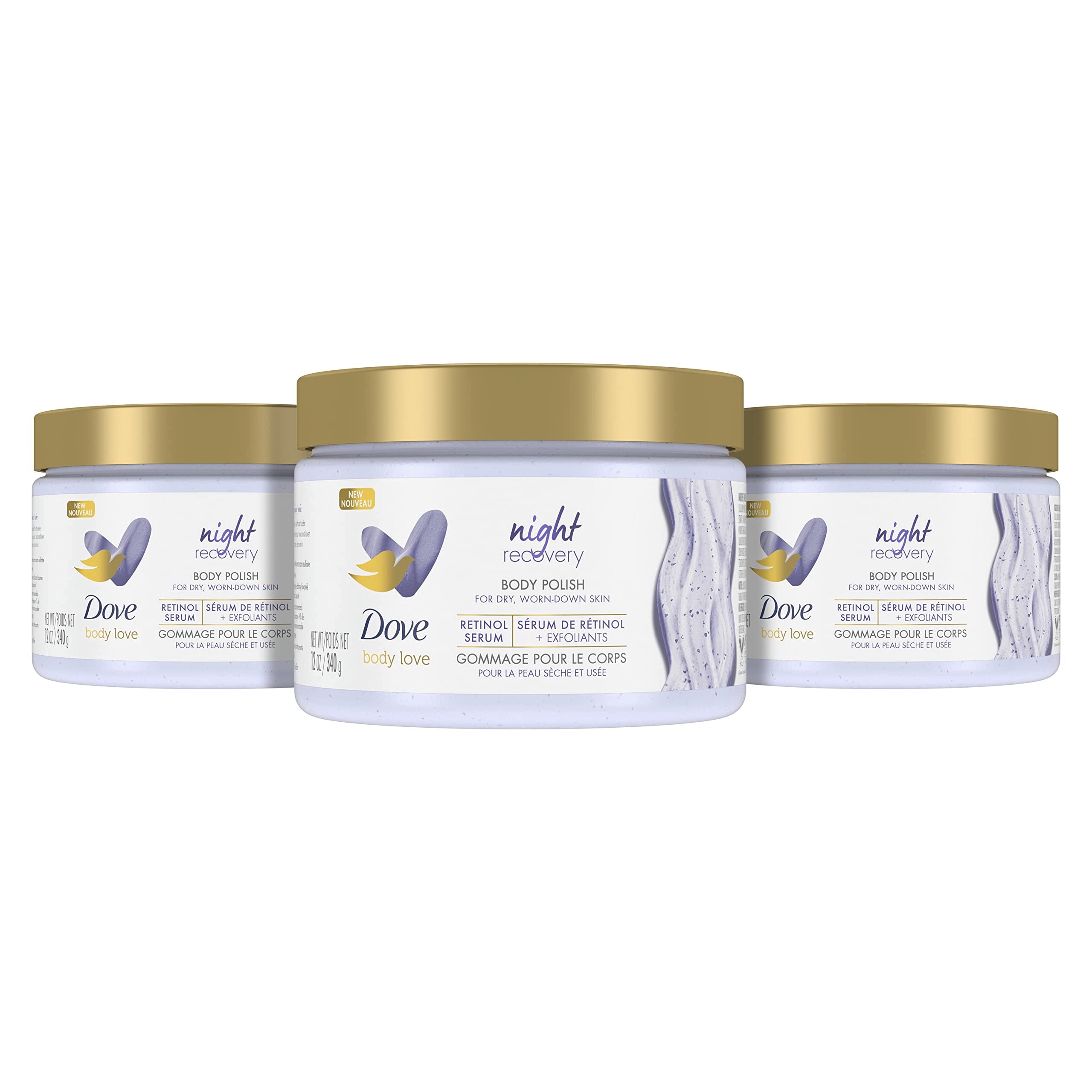 Dove Body Love Night Recovery Body Polish 3-pack, exfoliating skin exfoliant in 12 oz bottles with smooth, rejuvenated skin.