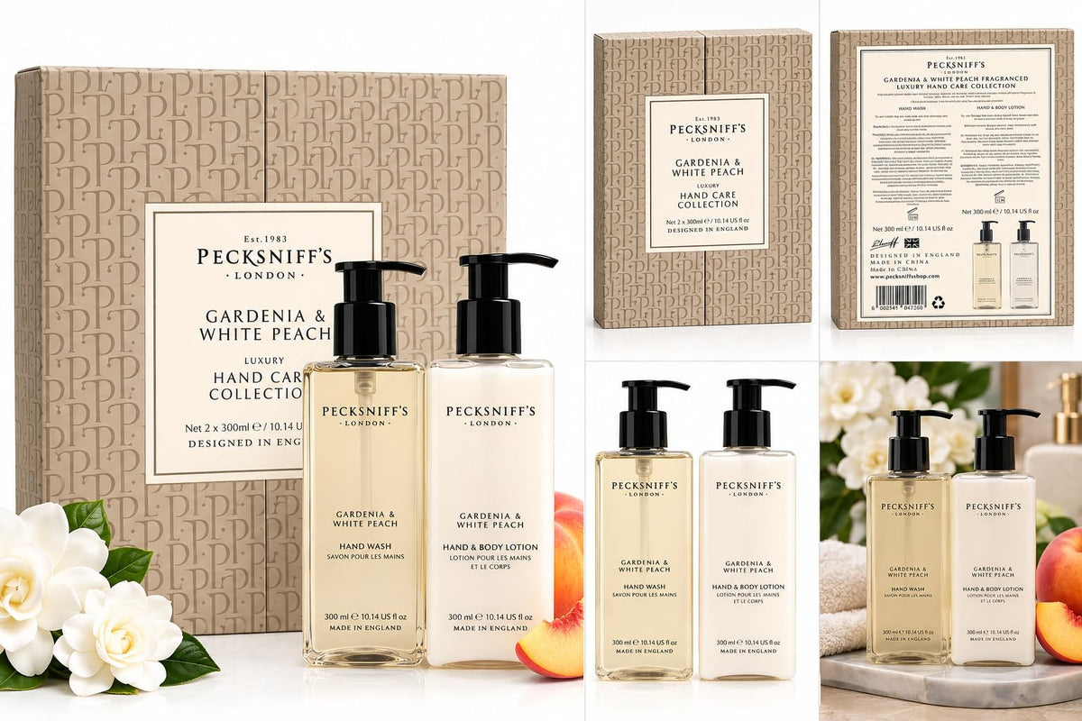 Pecksniff's Gardenia & White Peach Luxury Hand Care Collection – Hand Wash & Hand & Body Lotion – 2 x 300 mL / 10.14 fl 