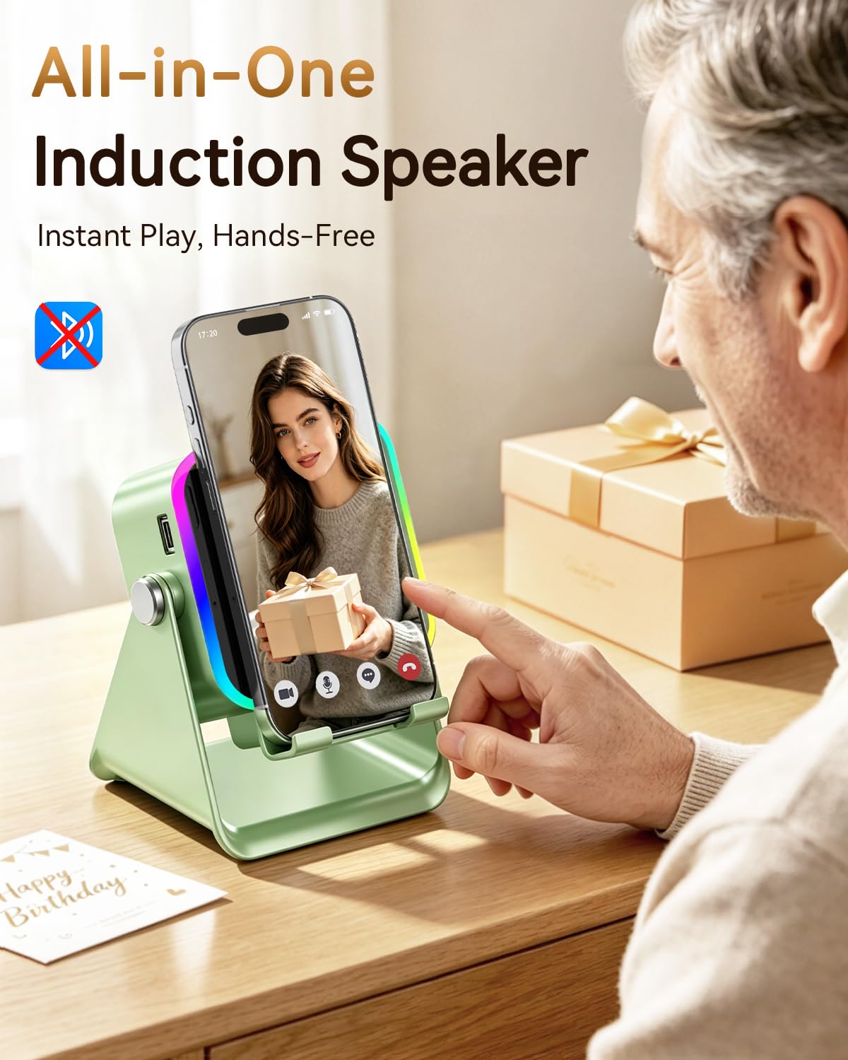 MILOUZ Gifts for Men Tech Gadgets Wireless Induction Speaker with Phone Stand – back view and specifications