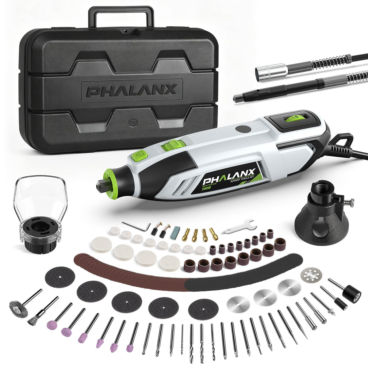 PHALANX 200W Rotary Tool Kit, 10000-38000 RPM 6 Speed Multi-Tool with Flex Shaft & 132pcs Accessories Kit, Power Rotary 
