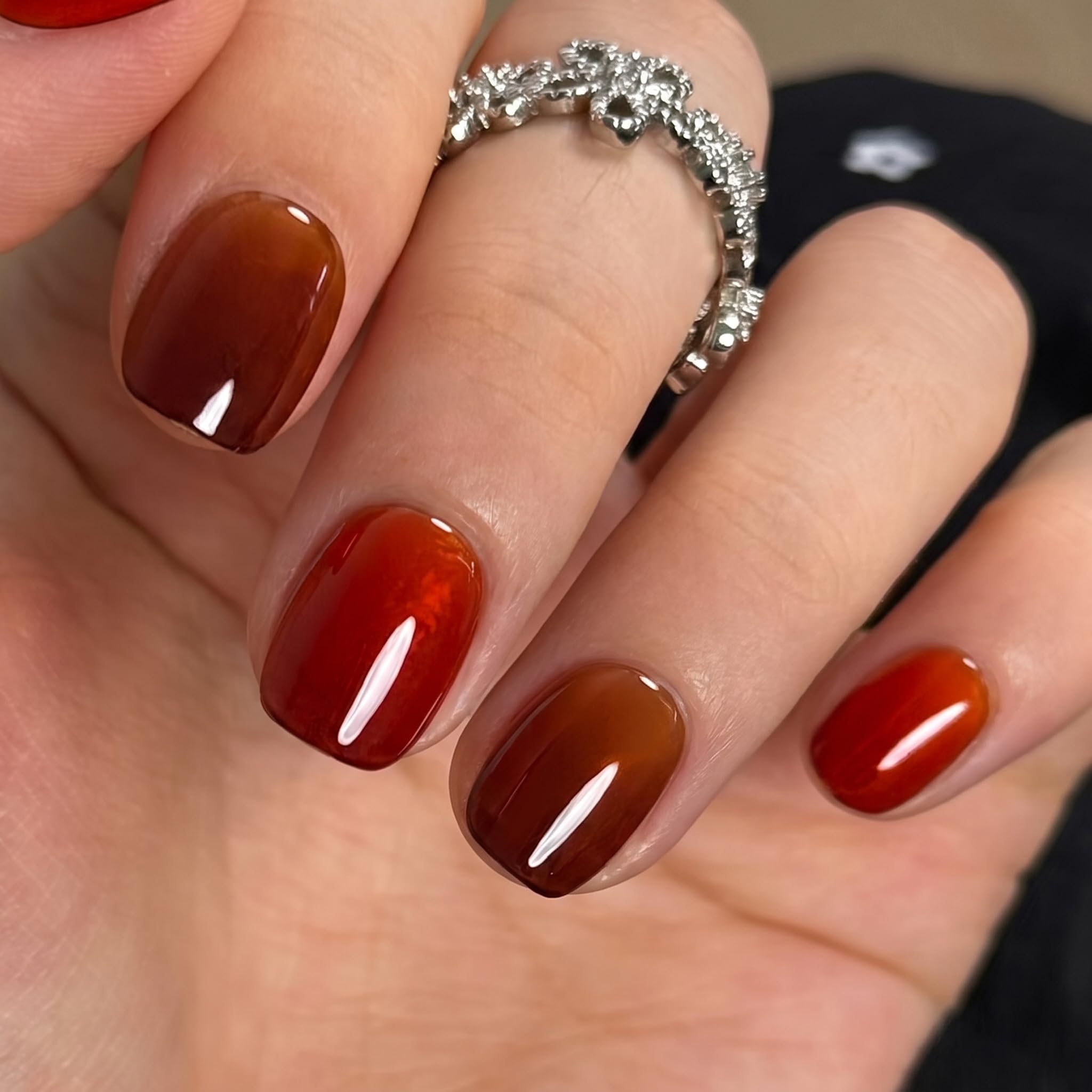 CurvLife Jelly Glaze Extra Short Square Press On Nails, Persimmon Brown Red