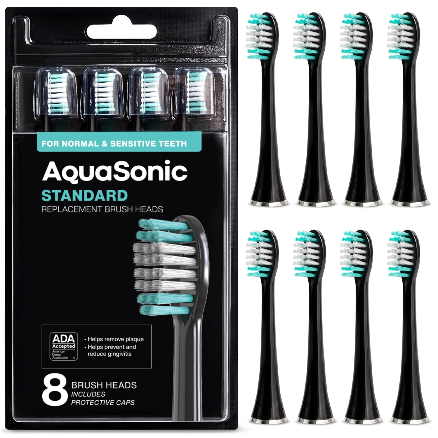 AquaSonic genuine standard replacement toothbrush heads for normal and sensitive teeth, black, compatible with AquaSonic toothbrushes, 8-pack.