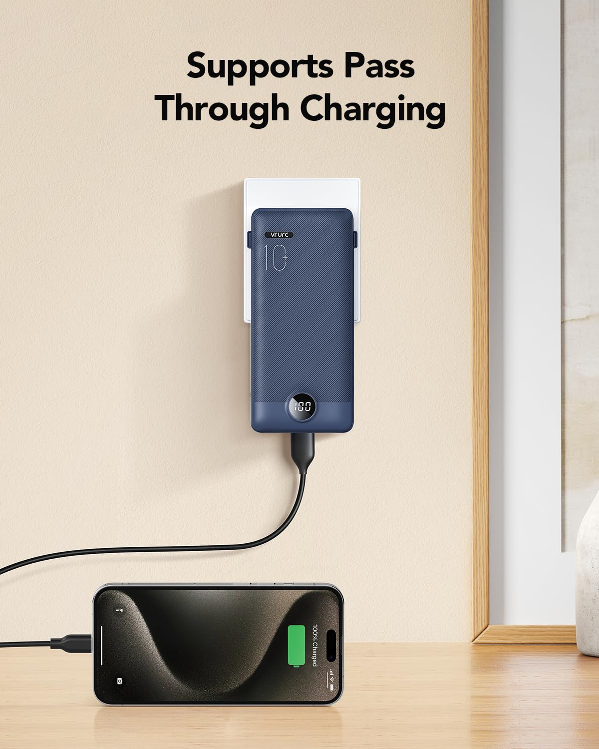 VRURC Portable Charger Built-in Cables and AC Wall Plug, USB C Power Bank 10000mAh, Travel Battery Portable Phone Charge
