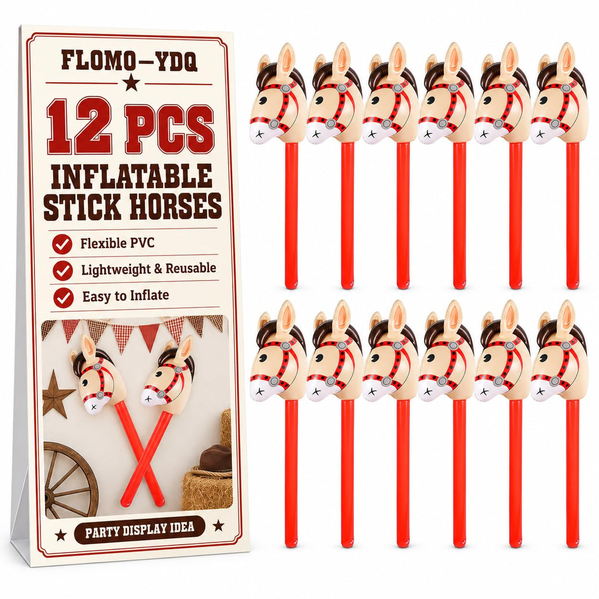 FLOMO&mdash;YDQ 12 Pcs Inflatable Stick Horses,37 Inch Western Cowboy Party Decorations – product photo (Stick Horses)