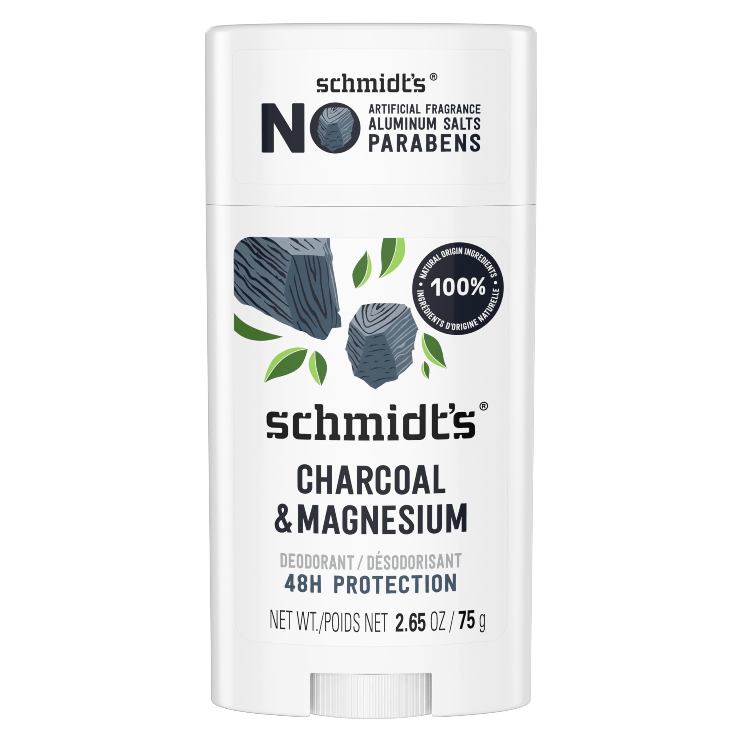 Schmidt's Vegan Deodorant in charcoal and magnesium, 2.65 oz, natural body deodorant with a sleek stick application.
