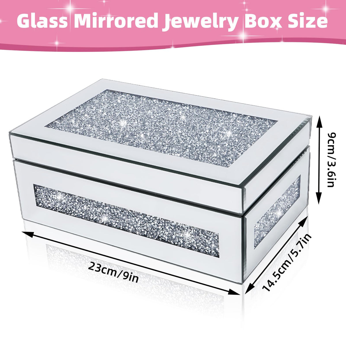 Poeuai Crushed Diamond Mirrored Jewelry Organizer Box with Lid for Women – packaging and label