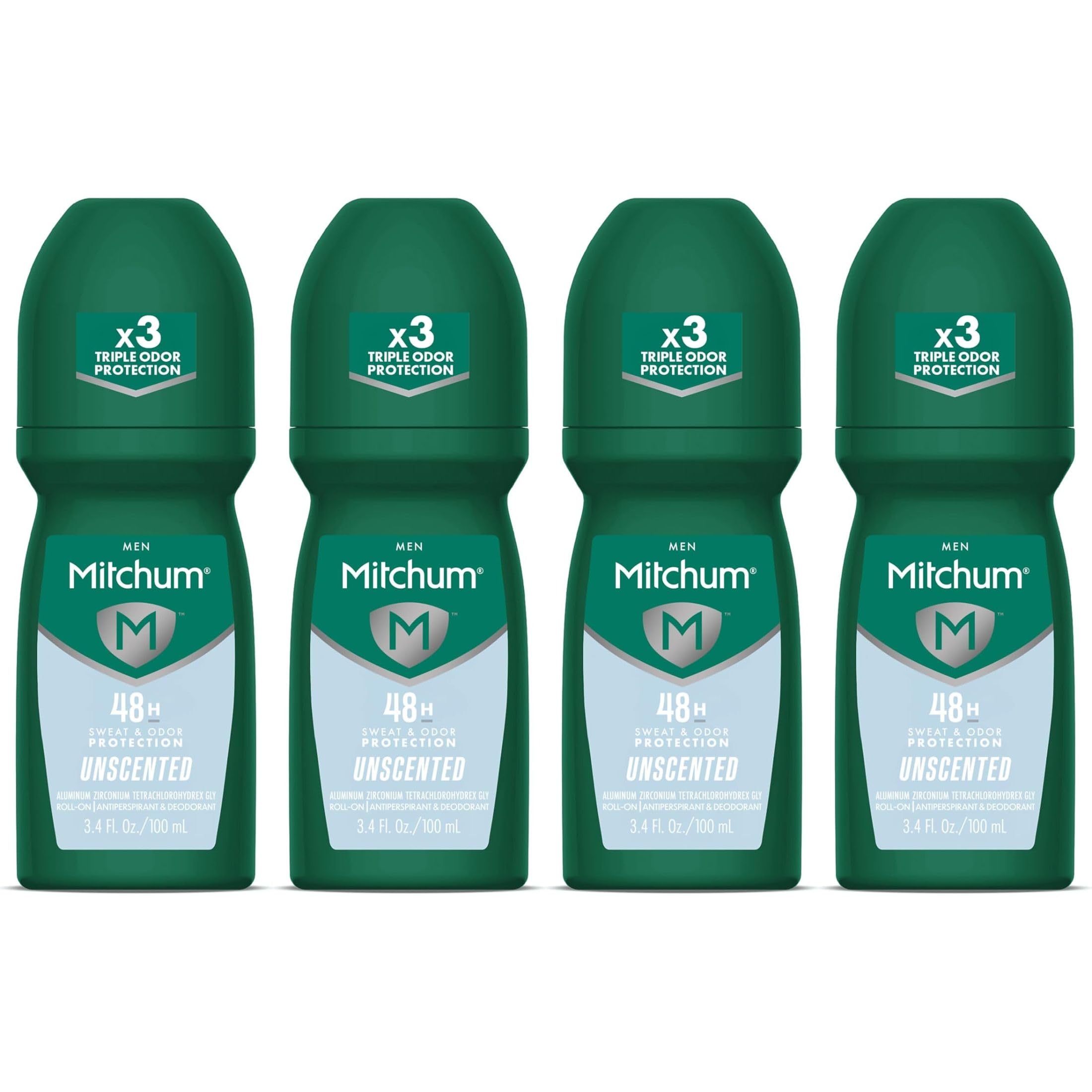 Mitchum Invisible Anti-Perspirant & Deodorant Roll-On in unscented formula, 3.4 oz bottles, pack of four, for effective odor control.