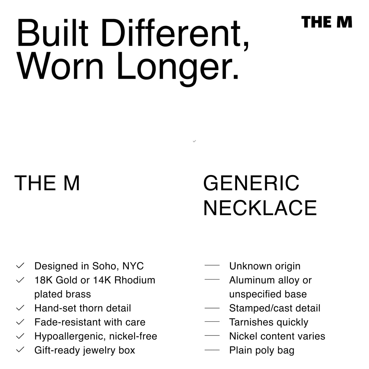 The M Margaux Knot Pendant Necklace For Women, Plain or Iced-Out, 16 in – back view and specifications