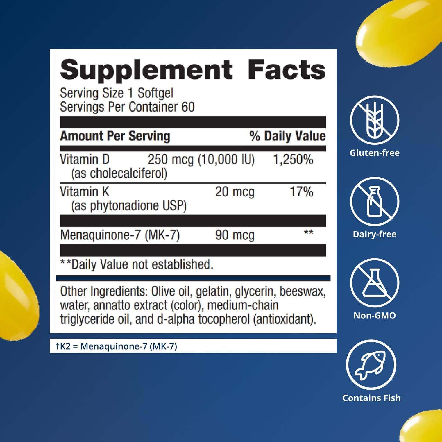 Metagenics Vitamin D3 K2 10000 IU MK-7 softgels, dietary supplement with 60 softgels for bone and immune health.