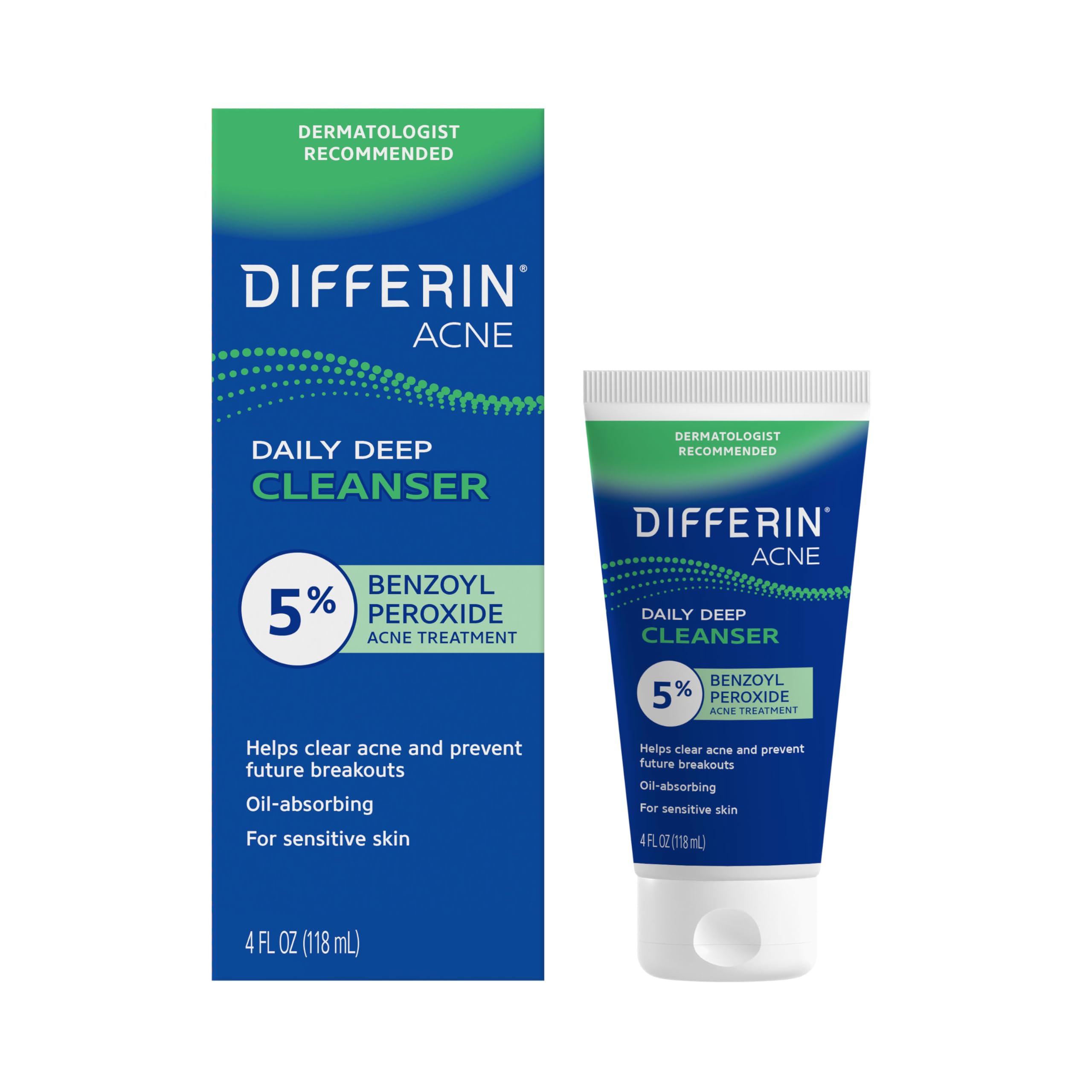 Differin Acne Face Wash with 5% Benzoyl Peroxide, daily skin cleansing facial cleanser in 4oz bottle.
