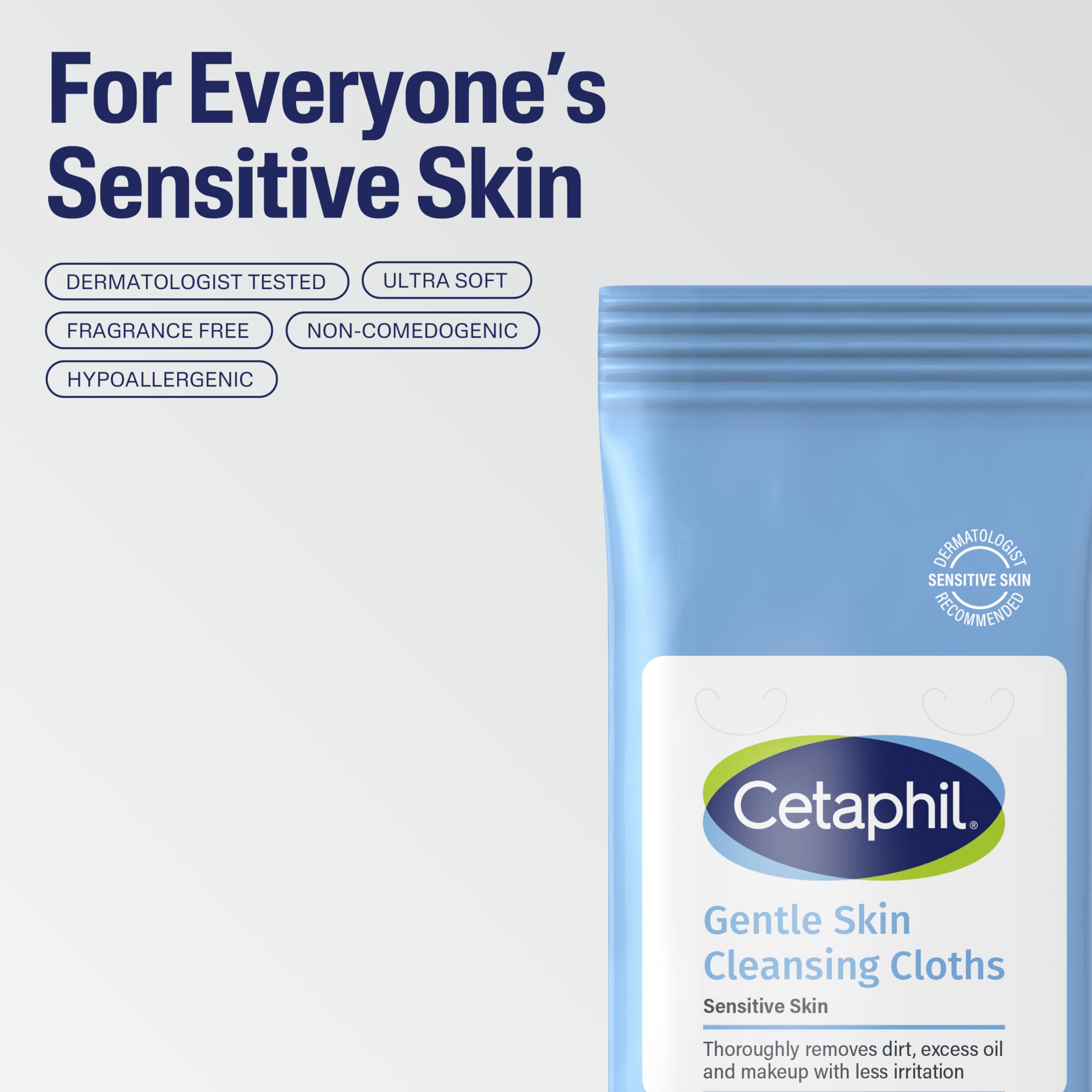 Cetaphil fragrance-free cleansing face and body wipes in a 50-count pack, shown with soft cloths and packaging.