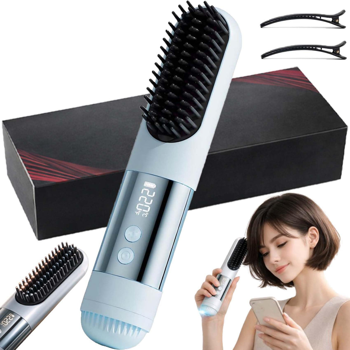 2026 Short Hair Styling Tools,Cordless Styling Brush for Short Hair,USB Rechargeable Portable Wireless Hair Straightenin