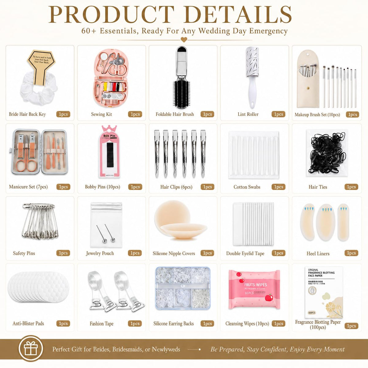 Tindisonka Wedding Emergency Kit | 60+ Essentials | Bridal Must-Haves – back view and specifications