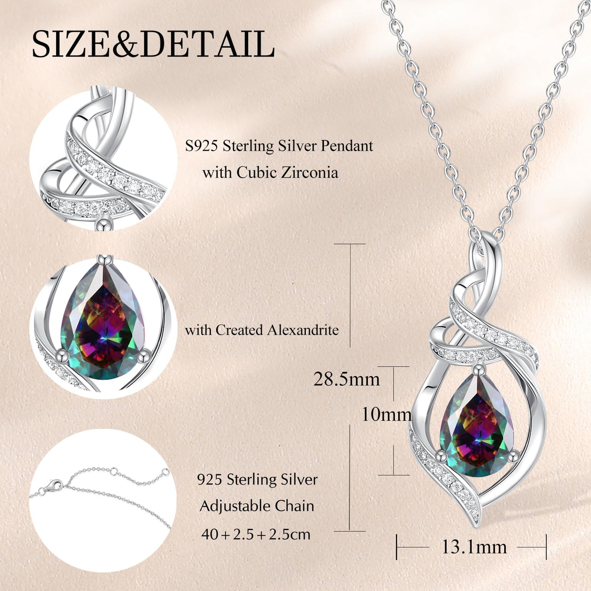 FANCIME Birthstone Necklace for Women Sterling Silver Teardrop Pendant – close-up detail in 06-Alexandrite