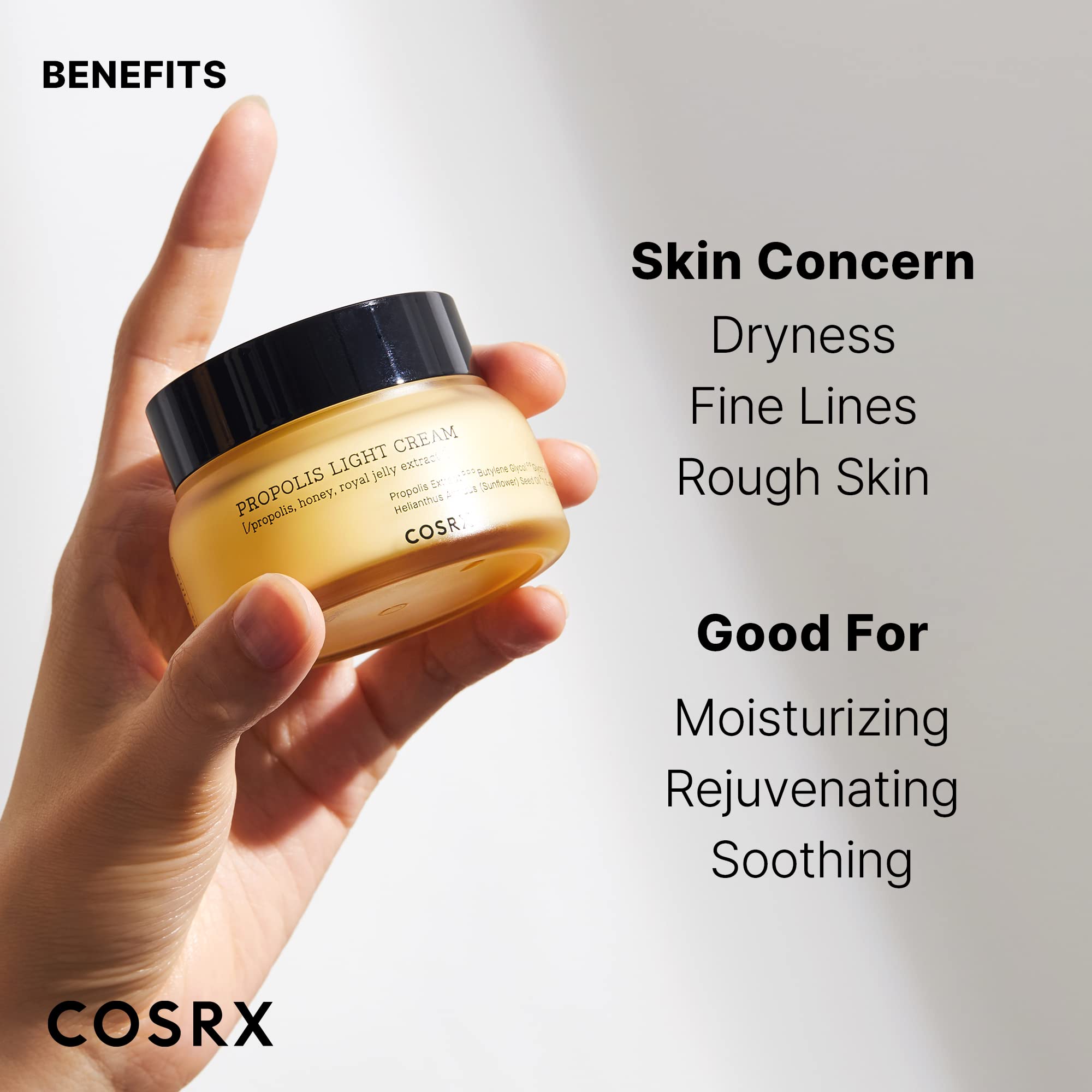 COSRX 64% Propolis Honey Lightweight Cream moisturizer with golden glow, showing the jar and creamy texture in the image.