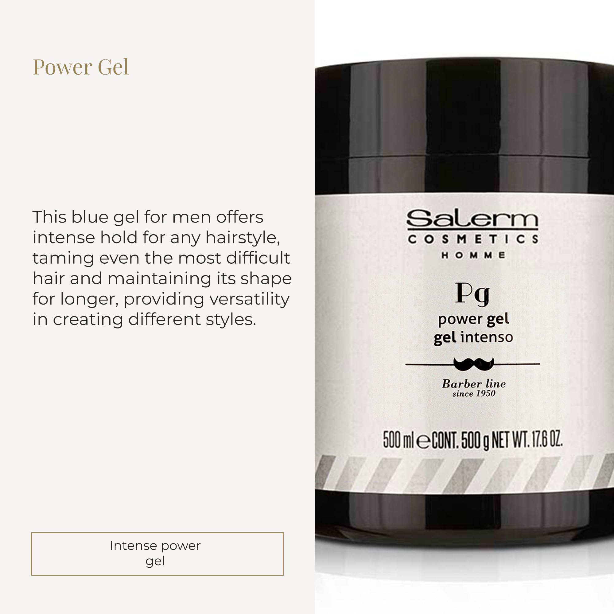 Salerm Homme Power Gel intense hold hair styling gel in 500ml bottle, suitable for strong, long-lasting hair styling.
