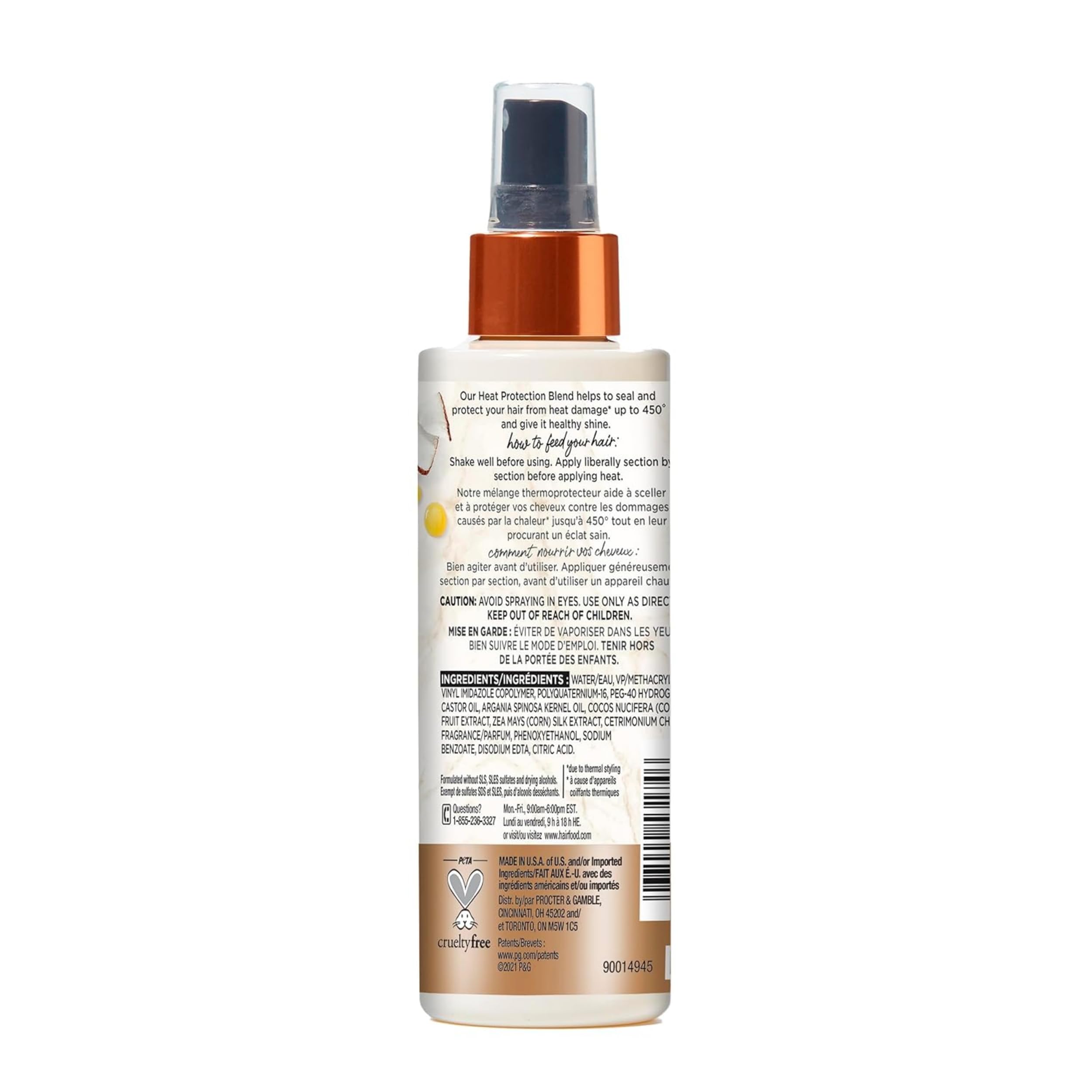 Hair Food Coconut & Argan Oil Heat Protectant Spray in 6.4 fl oz bottle, showing the product with coconut and argan oil ingredients