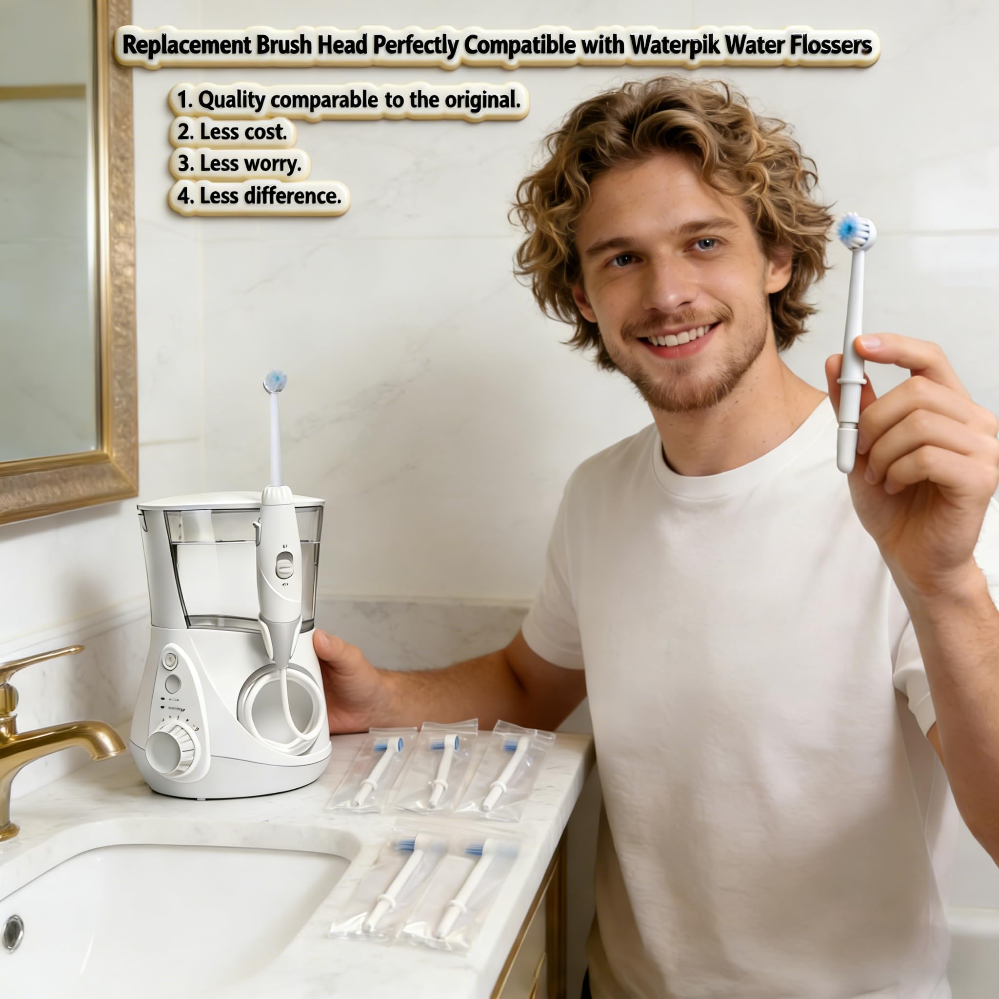 Waterpik compatible replacement brush heads for oral irrigator, JDHAVMOS 3-pack, with soft bristles for effective dental cleaning.