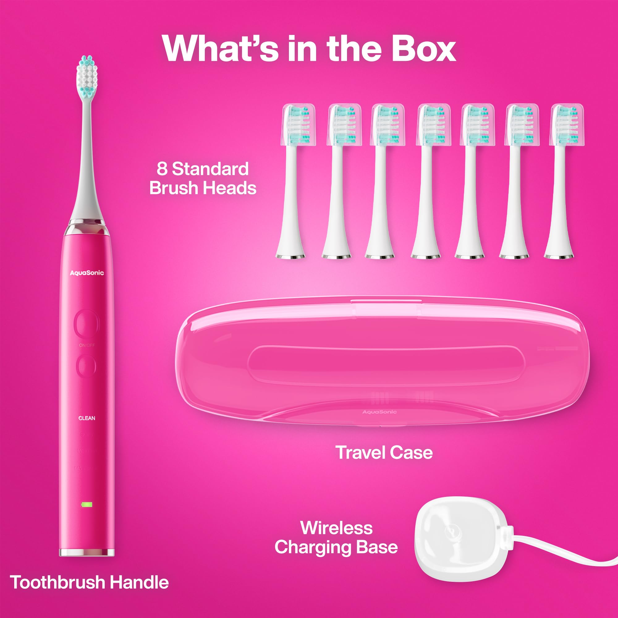 Aquasonic Vibe Series electric pink toothbrush with 8 brush heads, travel case, 40,000 VPM motor, and 4 brushing modes.