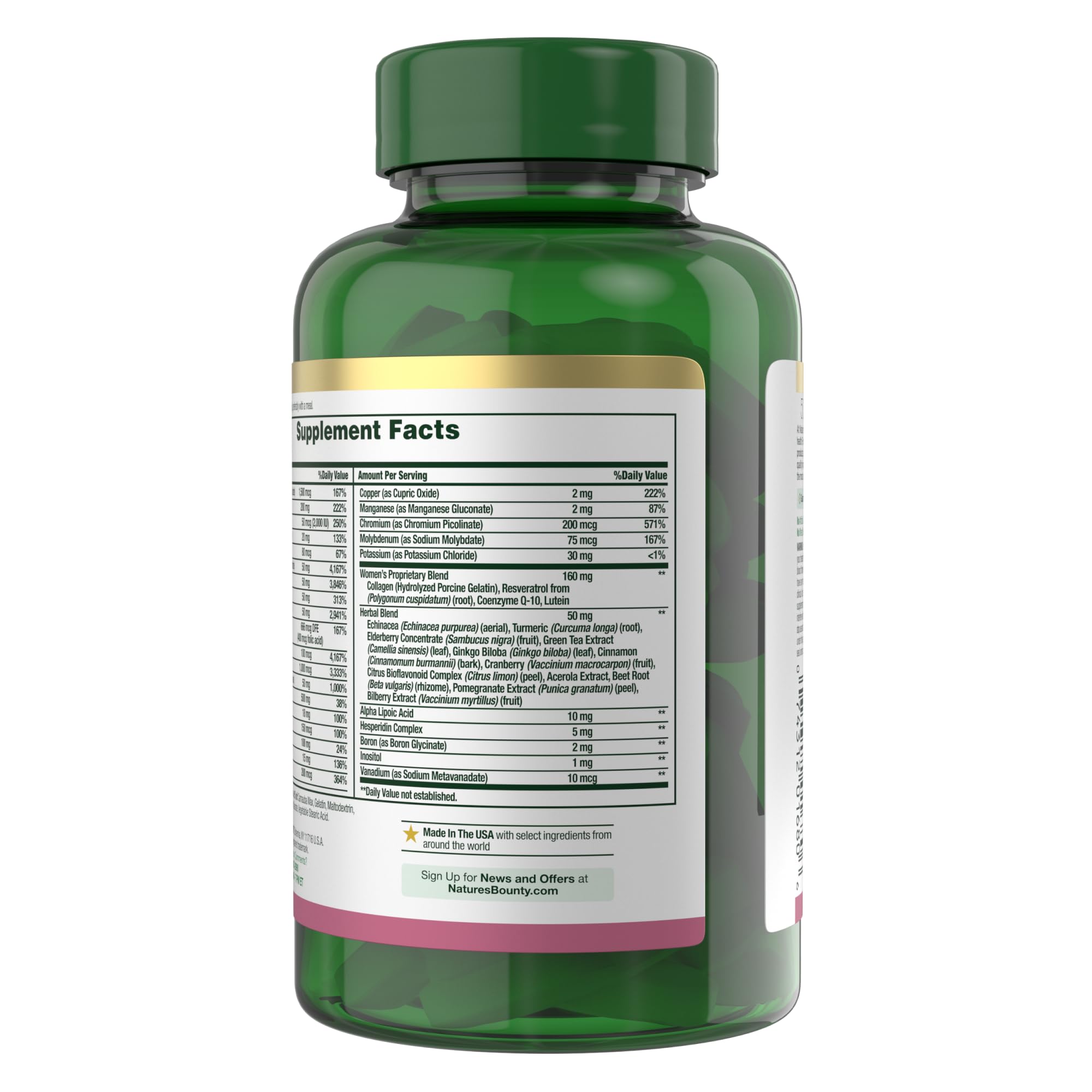 Nature's Bounty Women's Complete Multivitamin caplets, high potency vitamin supplement for women, 120 count bottle.