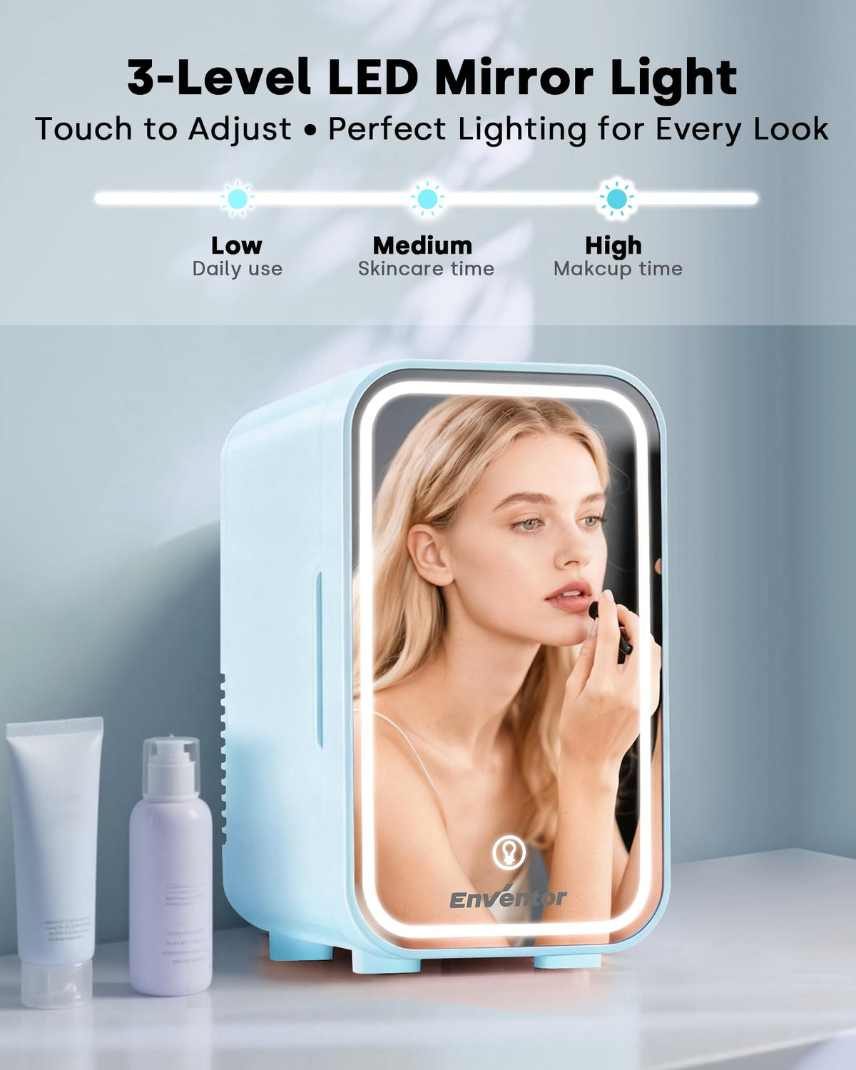 Enventor Mini Fridge, 6 L/8 Can Skincare Fridge, Small Fridge for Bedroom – packaging and label