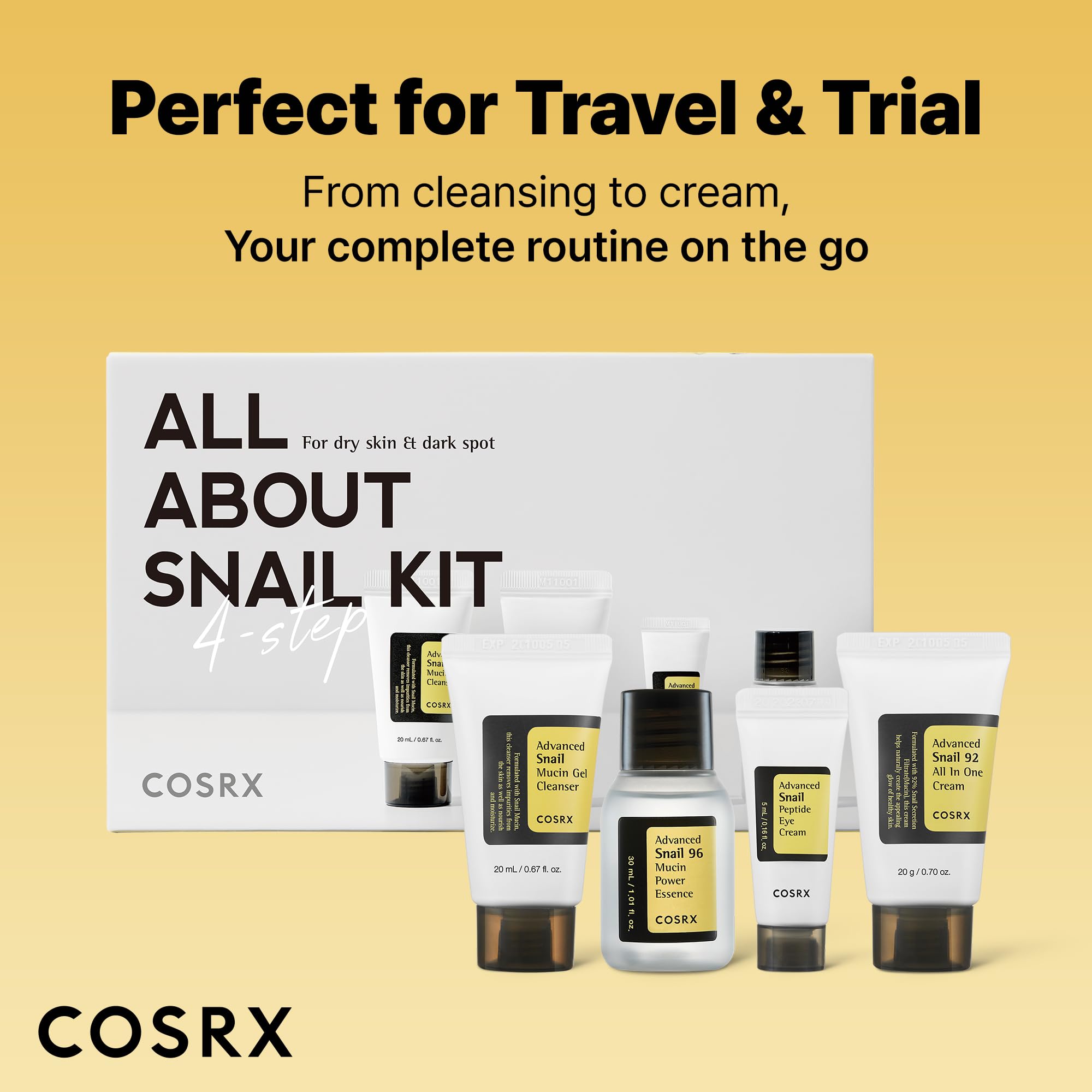 COSRX All About Snail Mucin skincare set with mini travel essentials, featuring bottles of snail mucin-based beauty products.