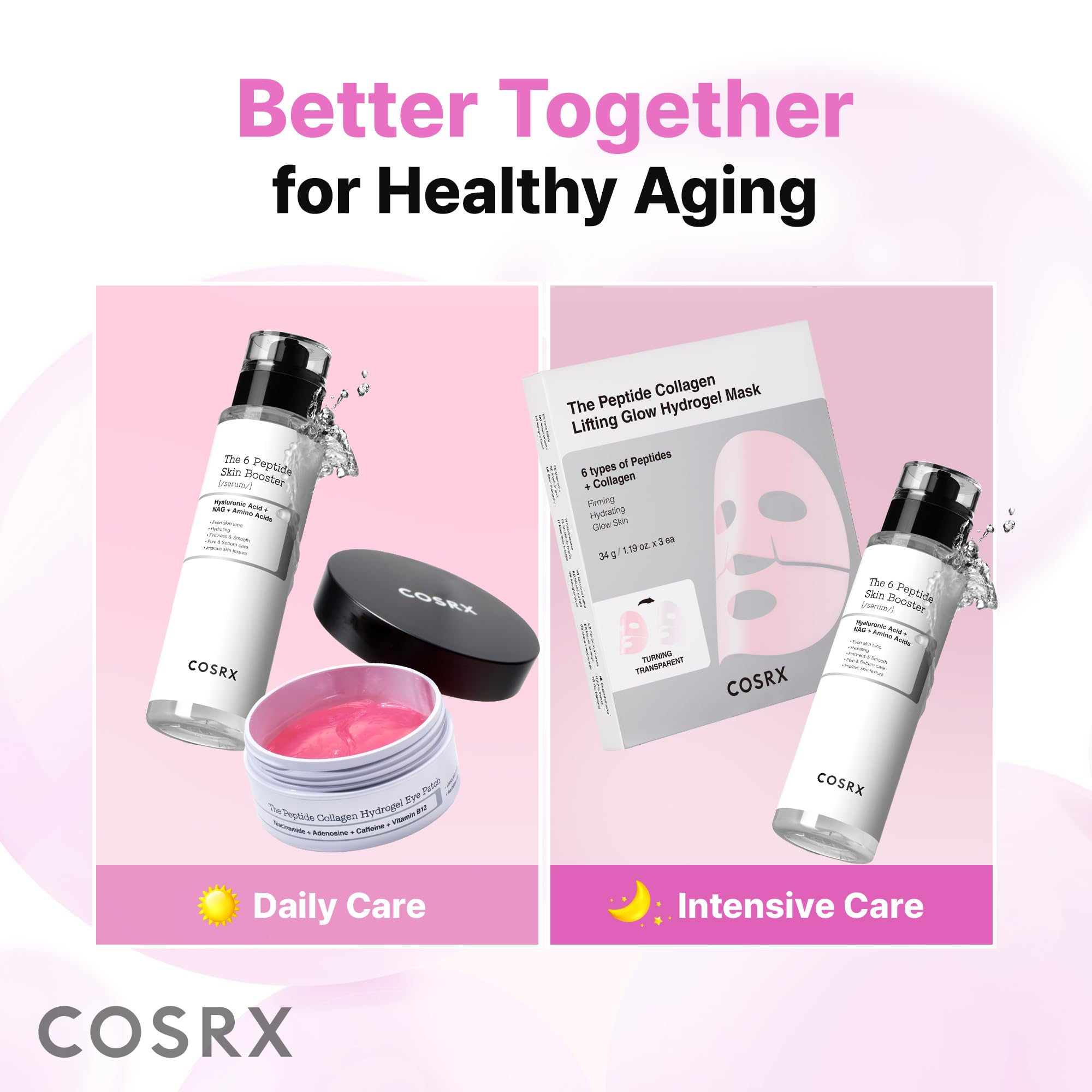 COSRX 6X Peptide Collagen Booster Toner Serum in 5.07 oz bottle, featuring clear liquid with a pump dispenser for skincare.