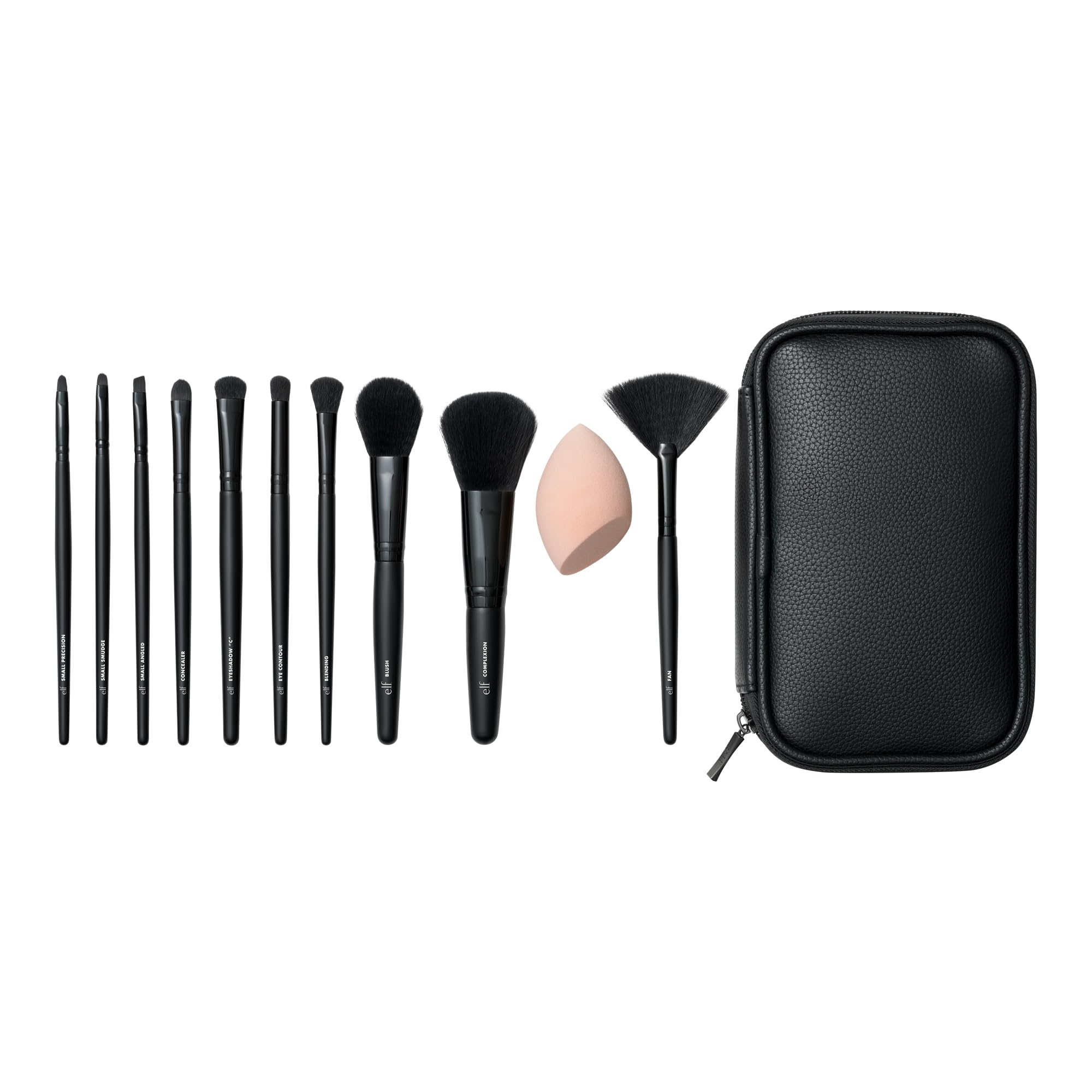e.l.f. full face and eye makeup brush set with 11 vegan, cruelty-free brushes in a travel case for complete makeup application.