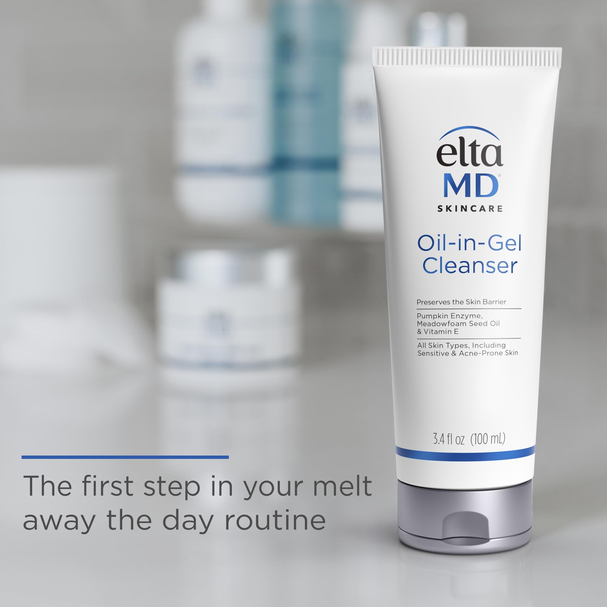 EltaMD Oil-In-Gel Face Cleanser for gentle makeup removal, 3.4oz, showing the gel texture in a skincare bottle
