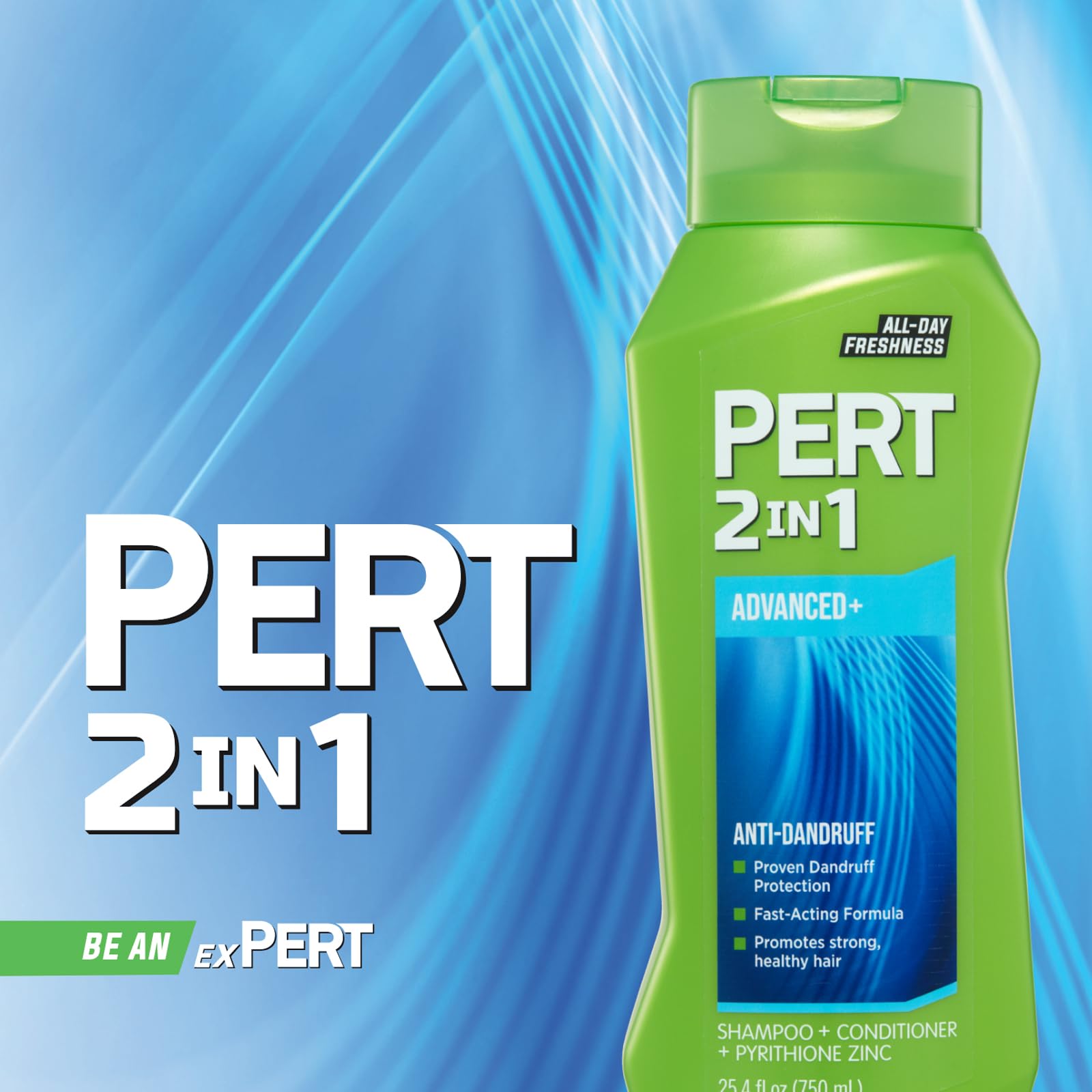 Pert Plus 2-in-1 dandruff control shampoo and conditioner in a 25.4oz pack of four bottles, featuring a light blue and white label.