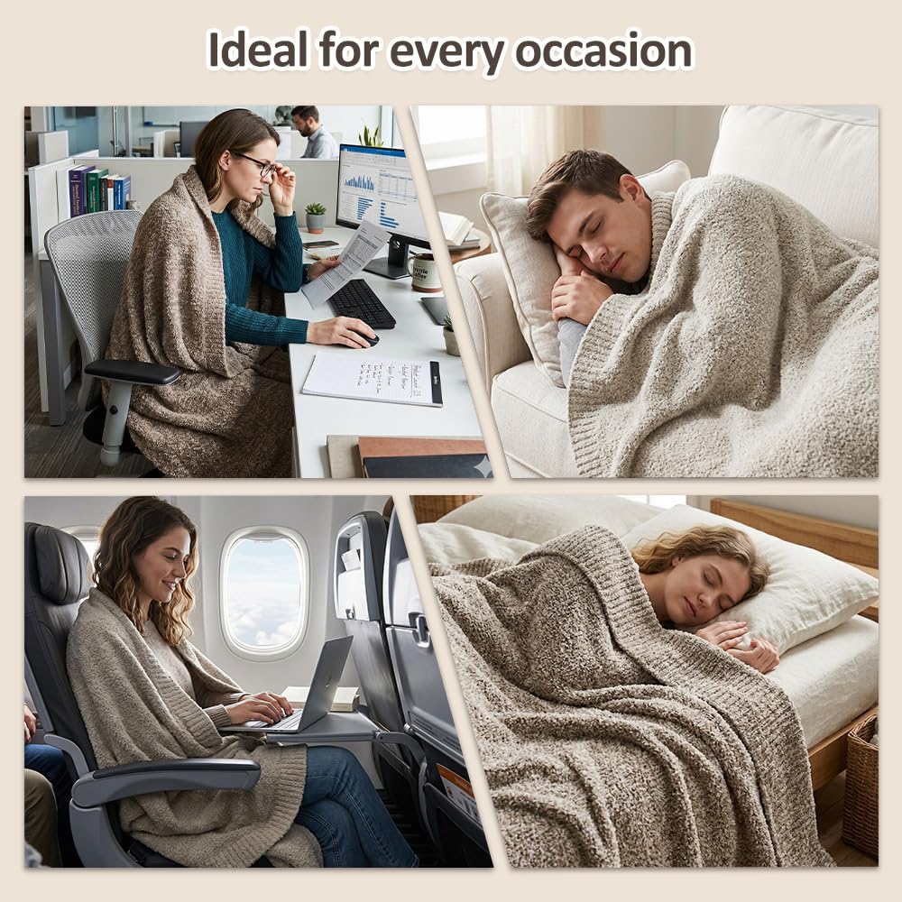 WDCOZY Taupe Melange Throw Blanket for Couch Bed Travel Camping, Reversible Super Soft Plush Knitted Blanket, Lightweigh