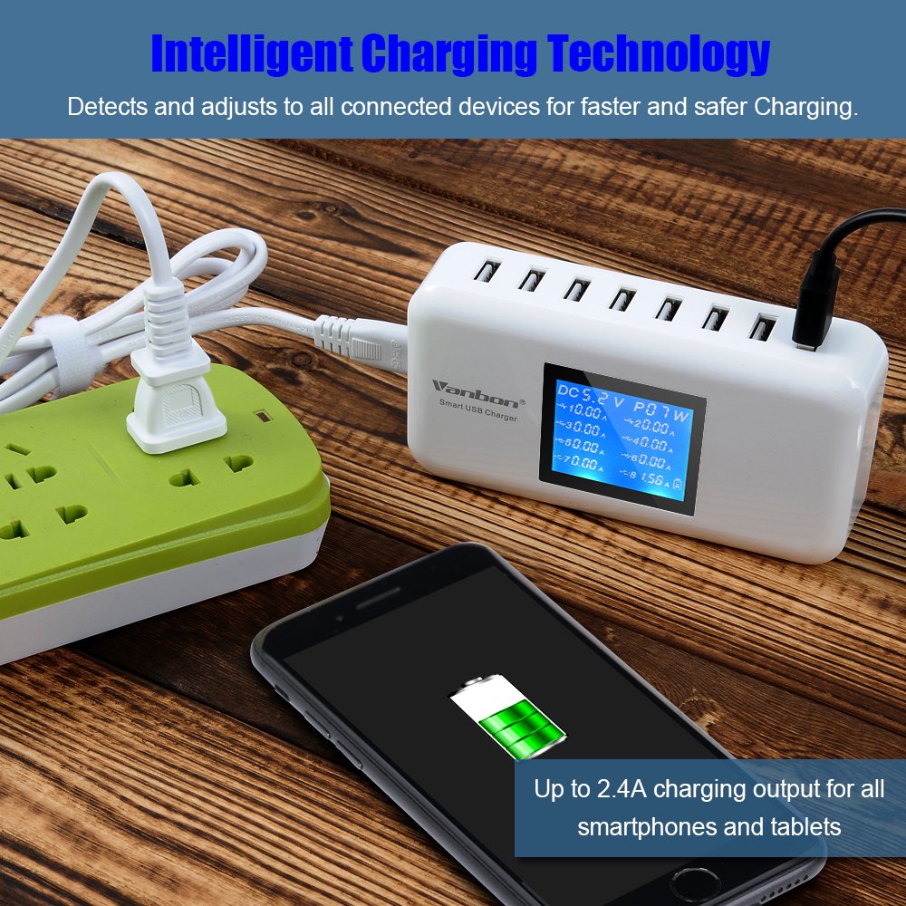 veebon 60W/12A 8-Port Desktop Charging Station Multiple USB, Multi Port Travel Fast Wall Charger Hub with LCD for Smart 