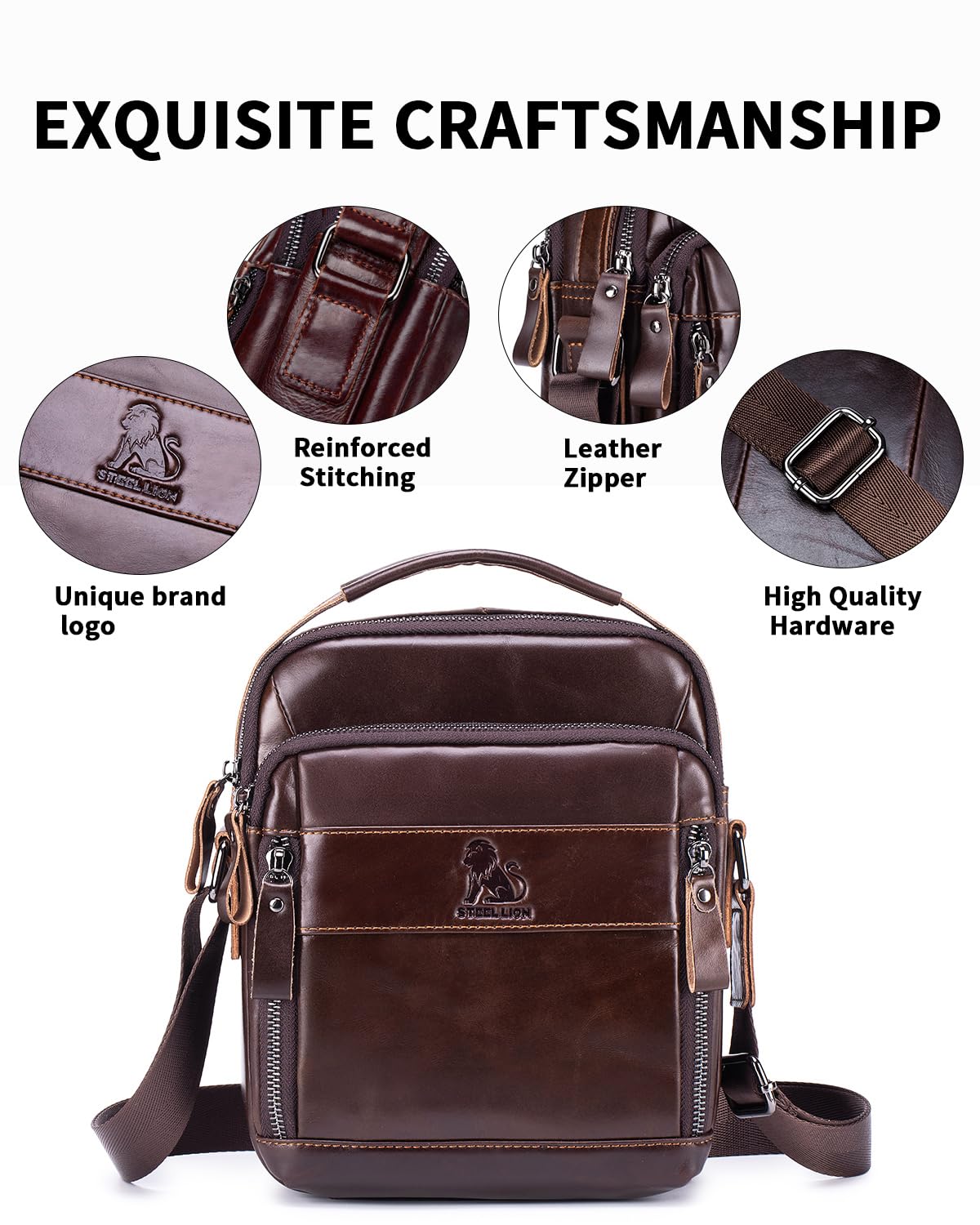 STEELLION Men's Cowhide Leather Crossbody Shoulder Bag, Top Handle – full view