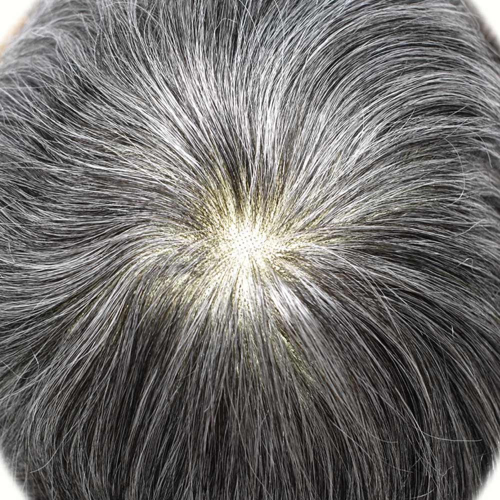 Curve Hair Mens Toupee Human Hair Piece Replacement System Monofilament Wig Hair Unit for Men Durable Poly Coated Mens Hairpiece (#1B50 Off Black+50% Gray, 7"X9")
