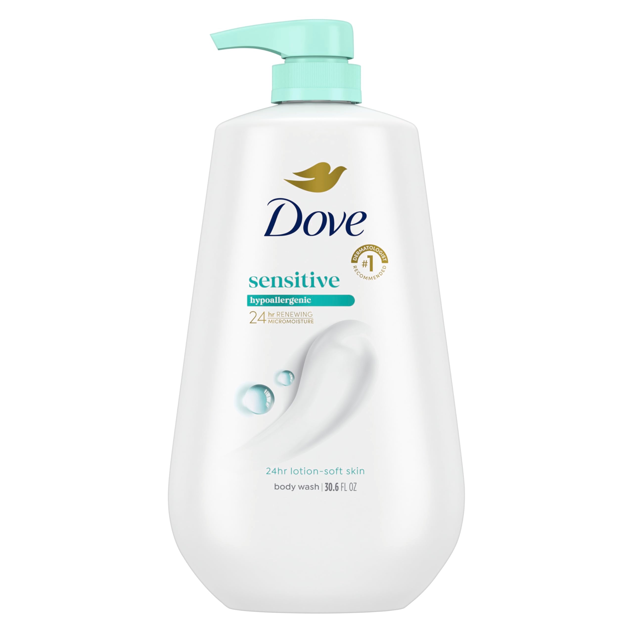 Dove 24hr Sensitive Skin Body Wash in a 30.6 oz pump bottle, gentle skin-cleaning lotion for sensitive skin.
